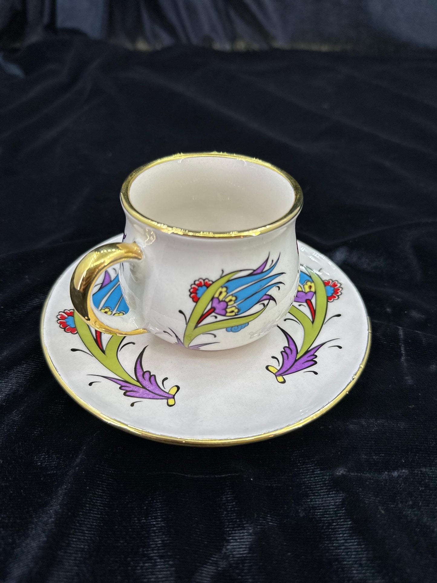 Hand-Painted Turkish Coffee Cup Set, Gold Trim, Floral Design, Ceramic, Gift for Coffee Lovers