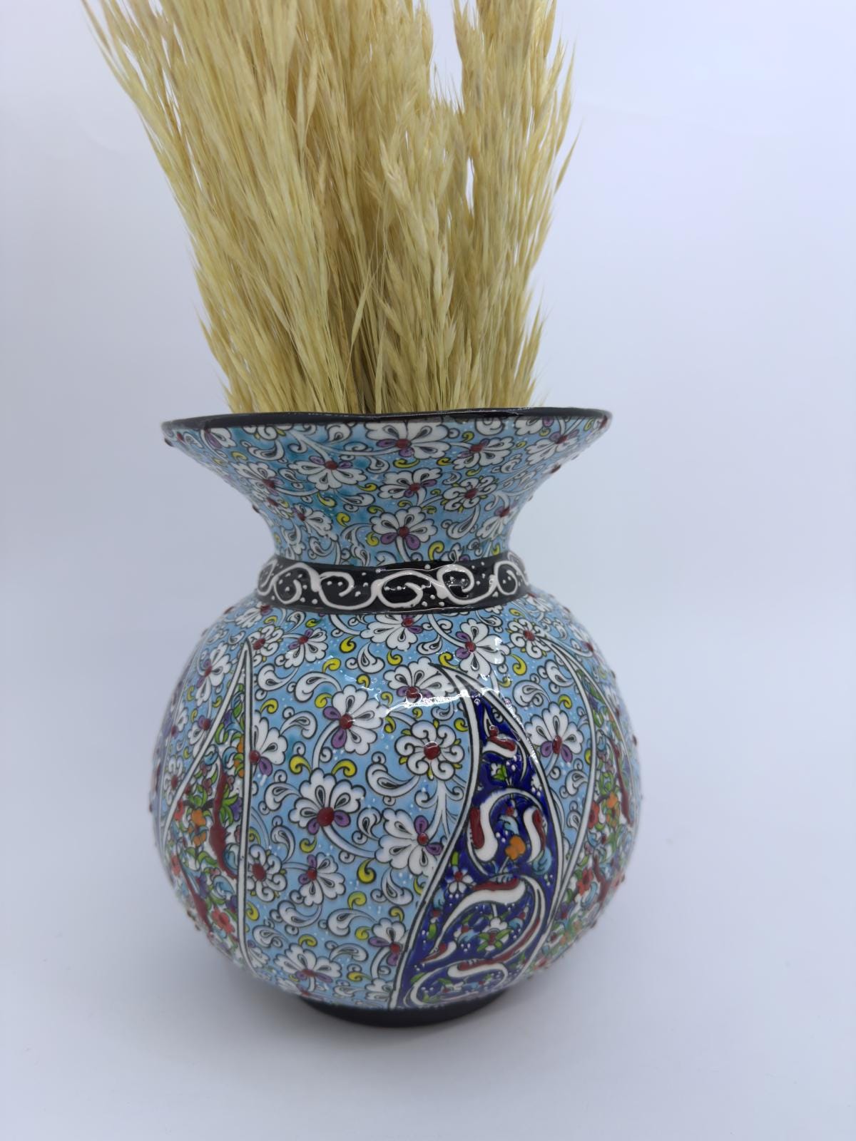 Handmade Turkish Ceramic Flower Vase - Decorative Blue Pottery with Traditional Floral Patterns - Unique Gift for Home Decor & Art Lovers