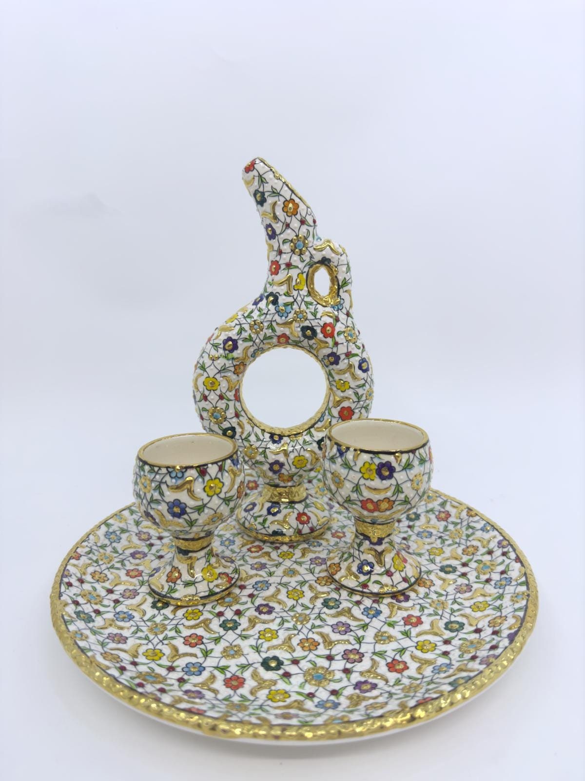 turkish ceramic set,hitit pitcher,floral tray,gold goblets,handmade decor,ottoman art,boho home gift,turkish pottery set