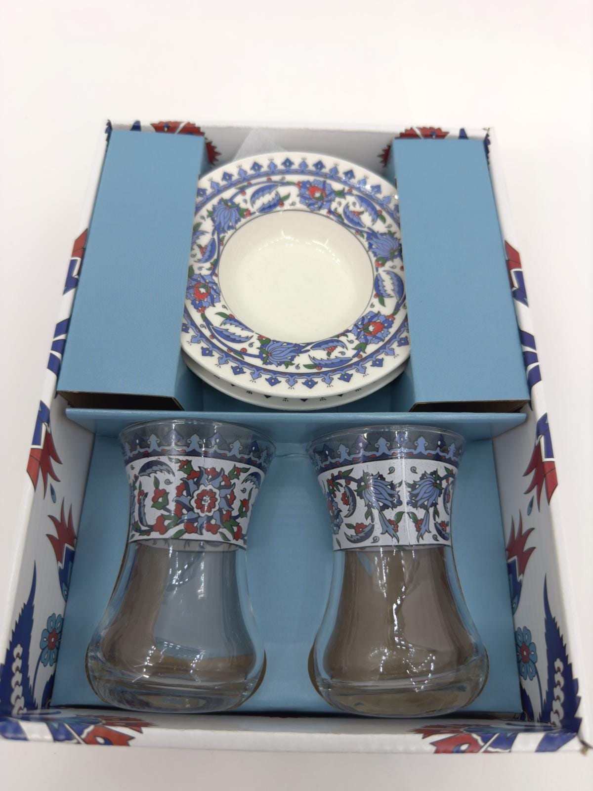 Handmade Turkish Ceramic Tea Set for Two – Traditional Glass Teacups with Saucers, Ideal Housewarming Gift