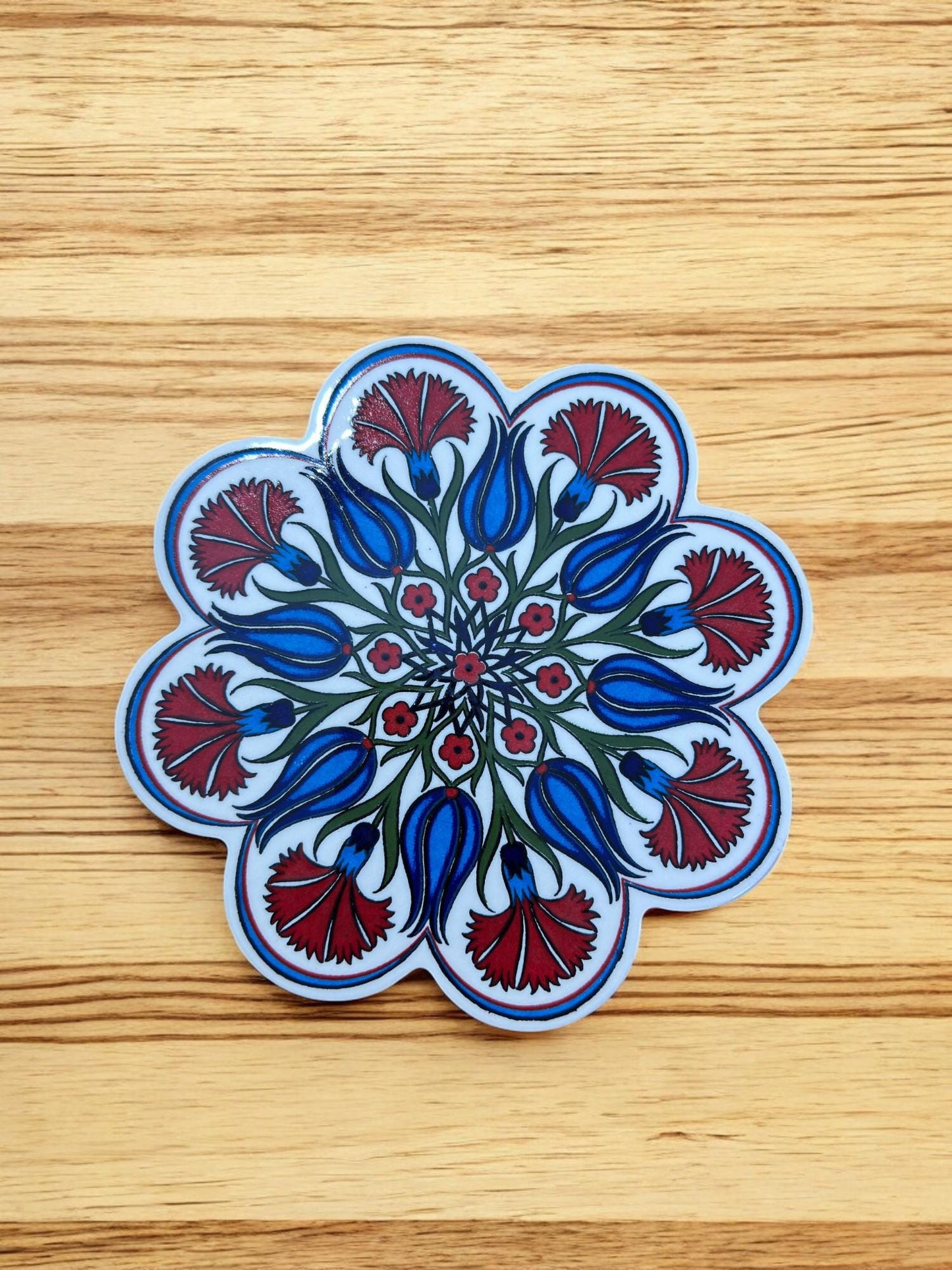 Handcrafted Turkish Ceramic Coaster, Traditional Anatolian Pattern Plate, 18 cm Drink Mat, Hand Painted Table Decor, Coffee Mug Tray