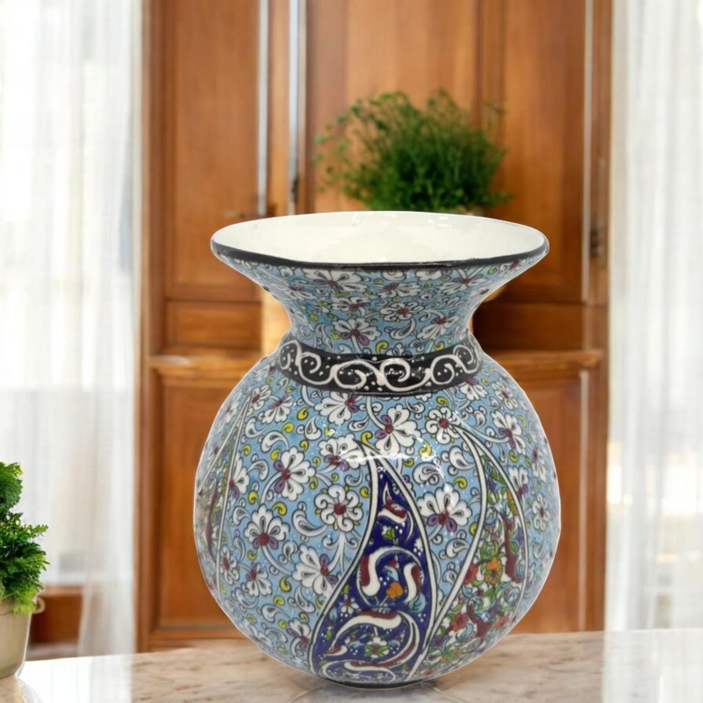 Handmade Turkish Ceramic Flower Vase - Decorative Blue Pottery with Traditional Floral Patterns - Unique Gift for Home Decor & Art Lovers