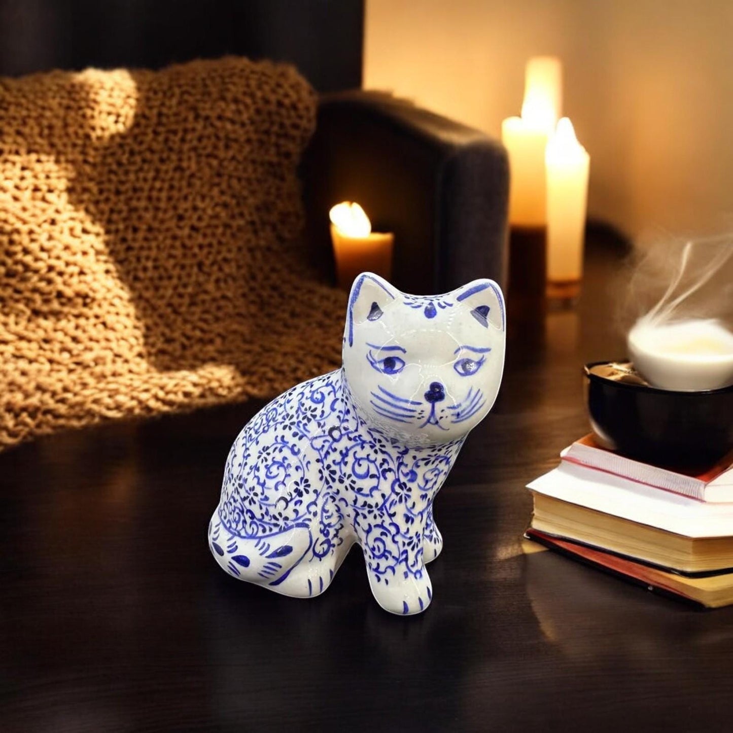 Hand-Painted Ceramic Cat Figurine β Turkish Blue Floral Ornament for Home Decor, Unique Valentine's Day Gift Idea for Cat Lovers