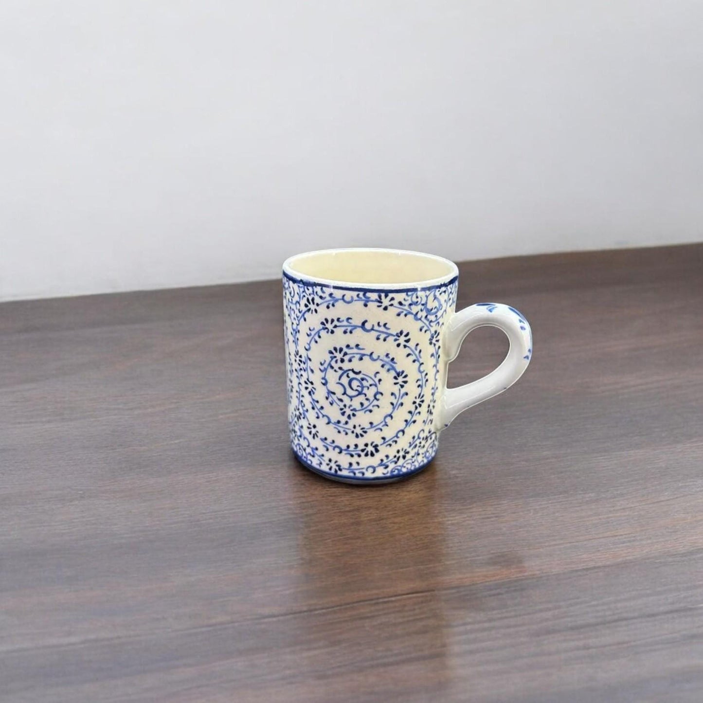 Hand-Painted Turkish Ceramic Mug – Blue Floral Spiral Design, Unique Coffee or Tea Cup, Perfect Gift for Art and Tea Lovers