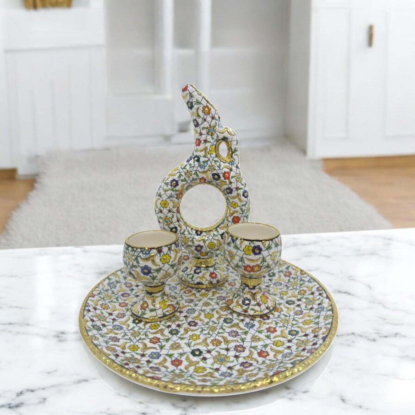 turkish ceramic set,hitit pitcher,floral tray,gold goblets,handmade decor,ottoman art,boho home gift,turkish pottery set
