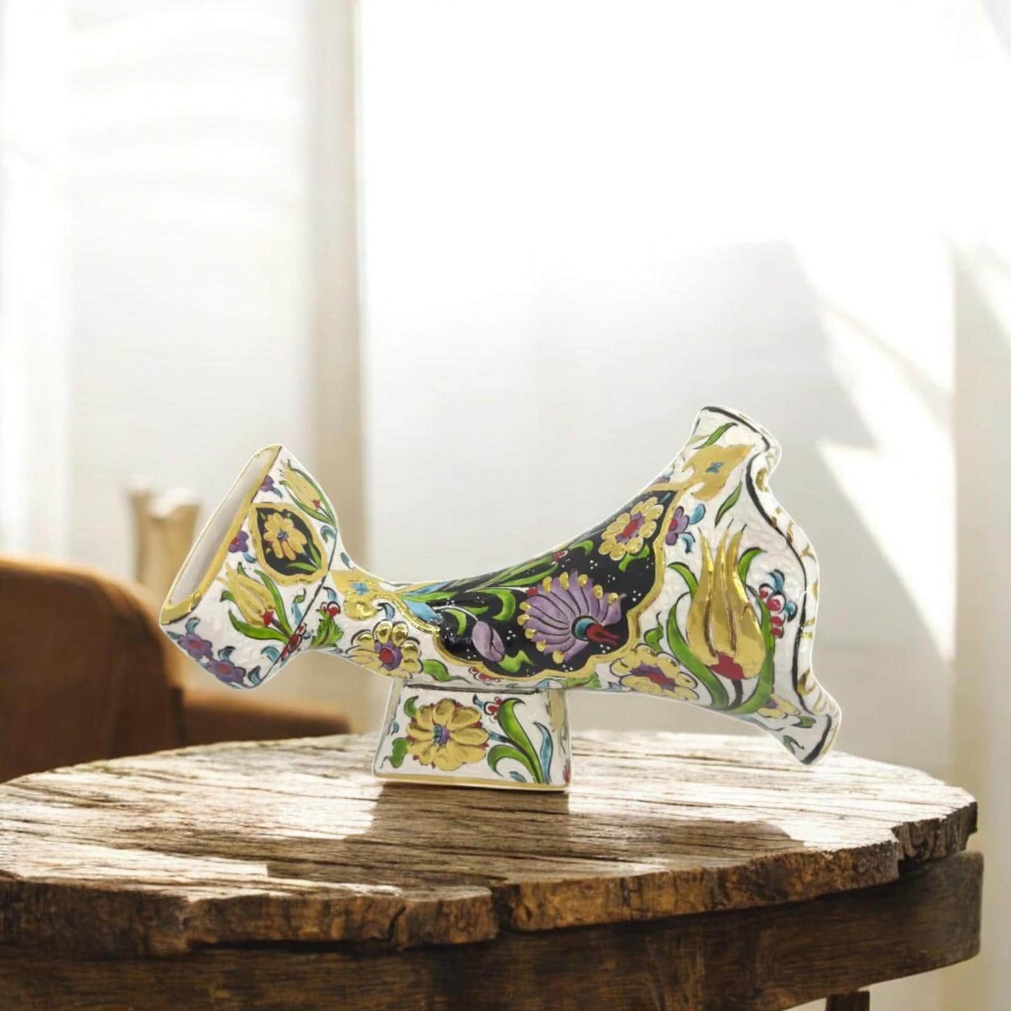 Ceramic Phone Amplifier Gramophone | Hand-Painted Floral Design | Gold-Accented Turkish Art | Unique Sound Amplifier & Decorative Gift