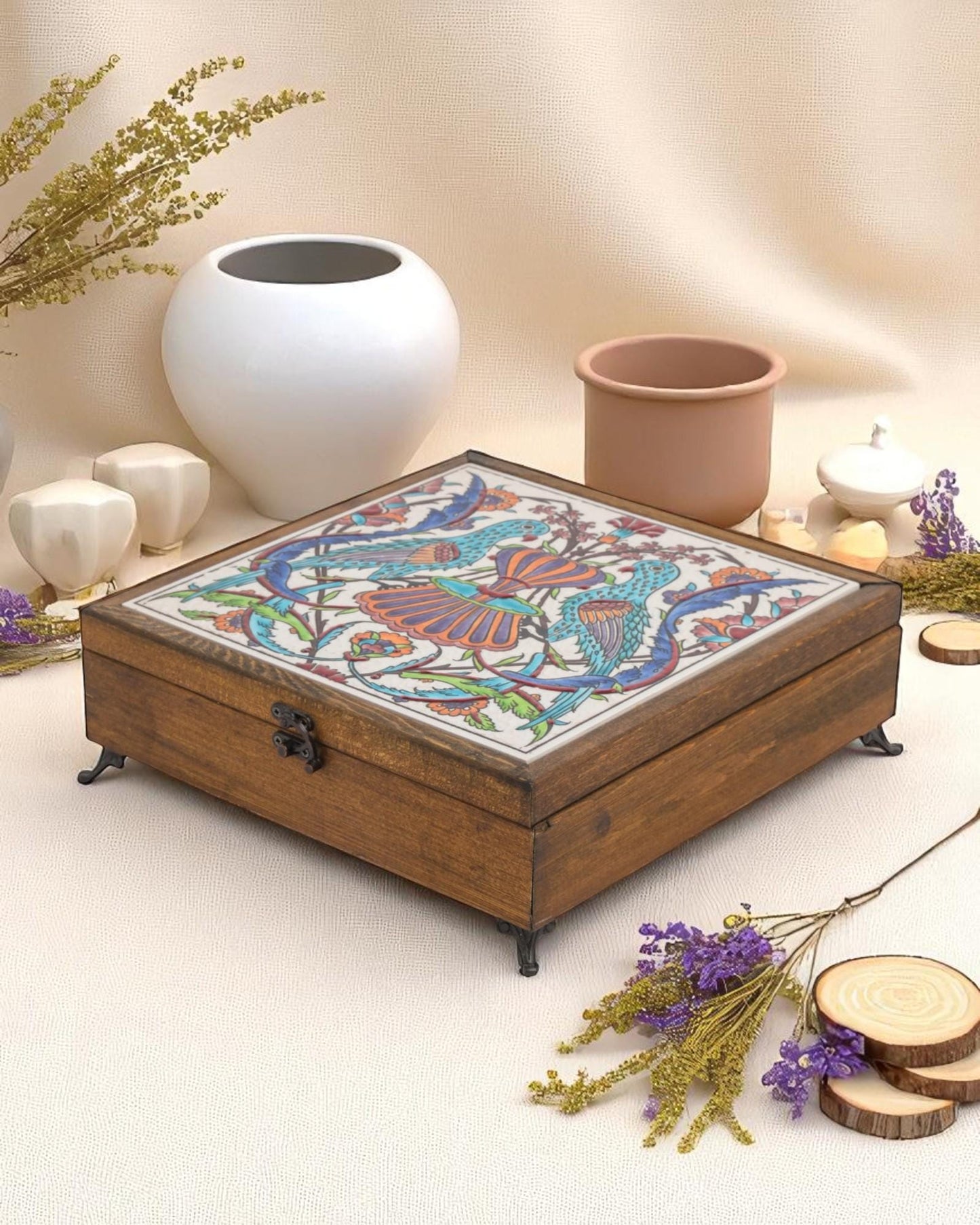 Turkish Ceramic Keepsake Box, Handmade Wooden Jewelry Chest, Bird Pattern Tile Lid, Nature Inspired Decor Gift,20x20 cm
