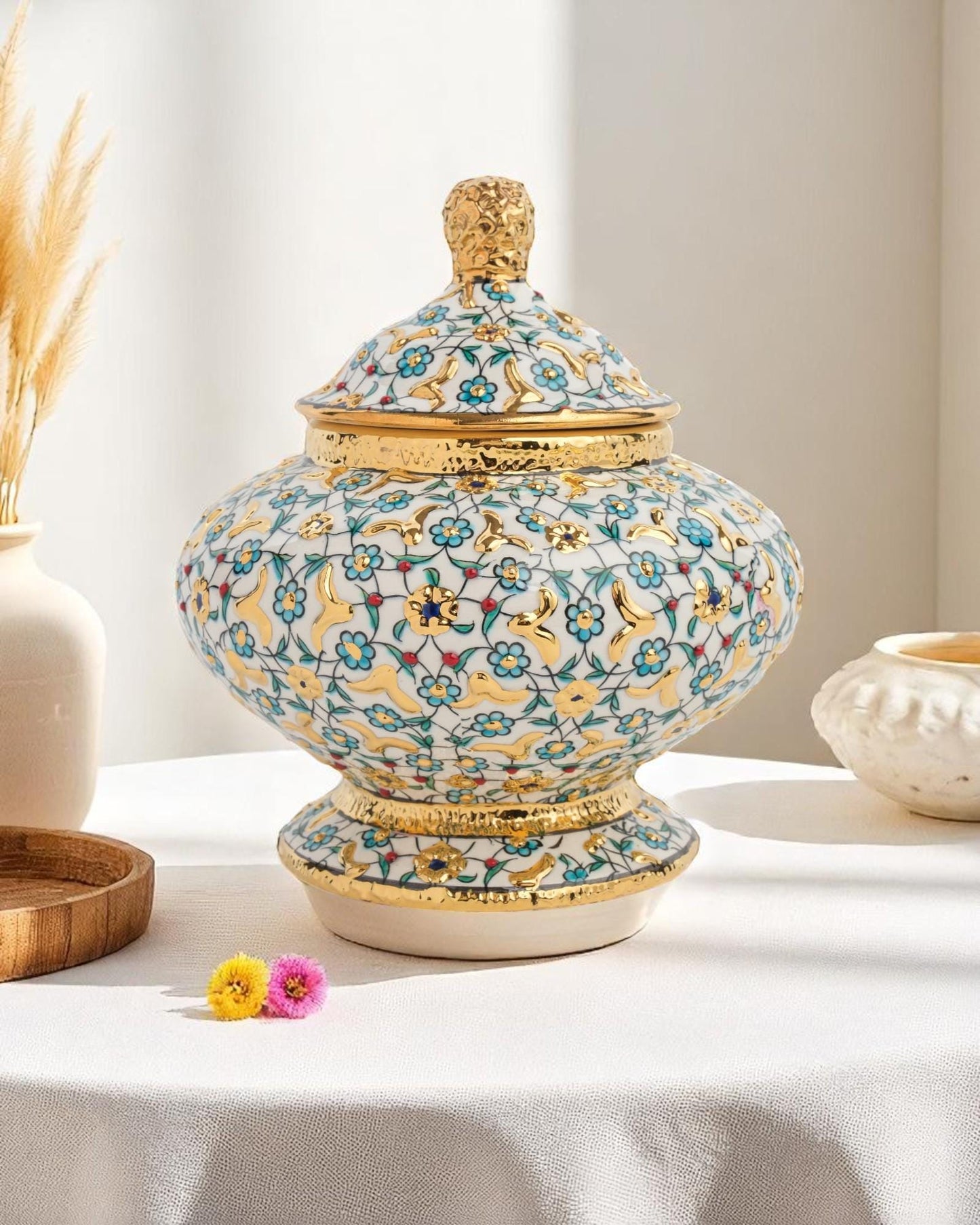 Gold Accent Turkish Ceramic Jar with Lid, 15x10 cm Handmade Decorative Pot, Floral Glazed Storage Bowl, Ottoman Home Gift