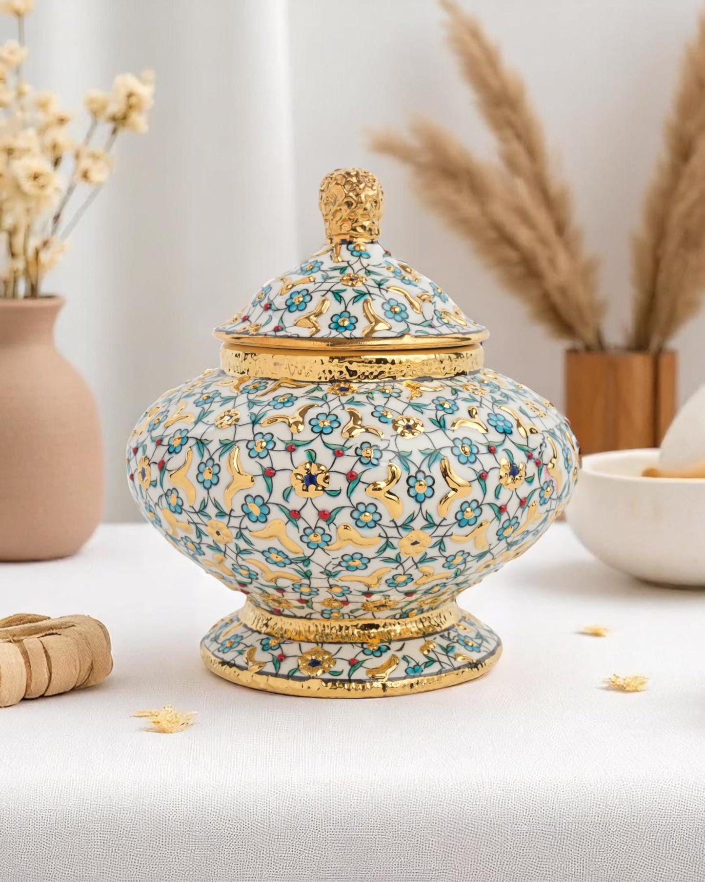 Gold Accent Turkish Ceramic Jar with Lid, 15x10 cm Handmade Decorative Pot, Floral Glazed Storage Bowl, Ottoman Home Gift