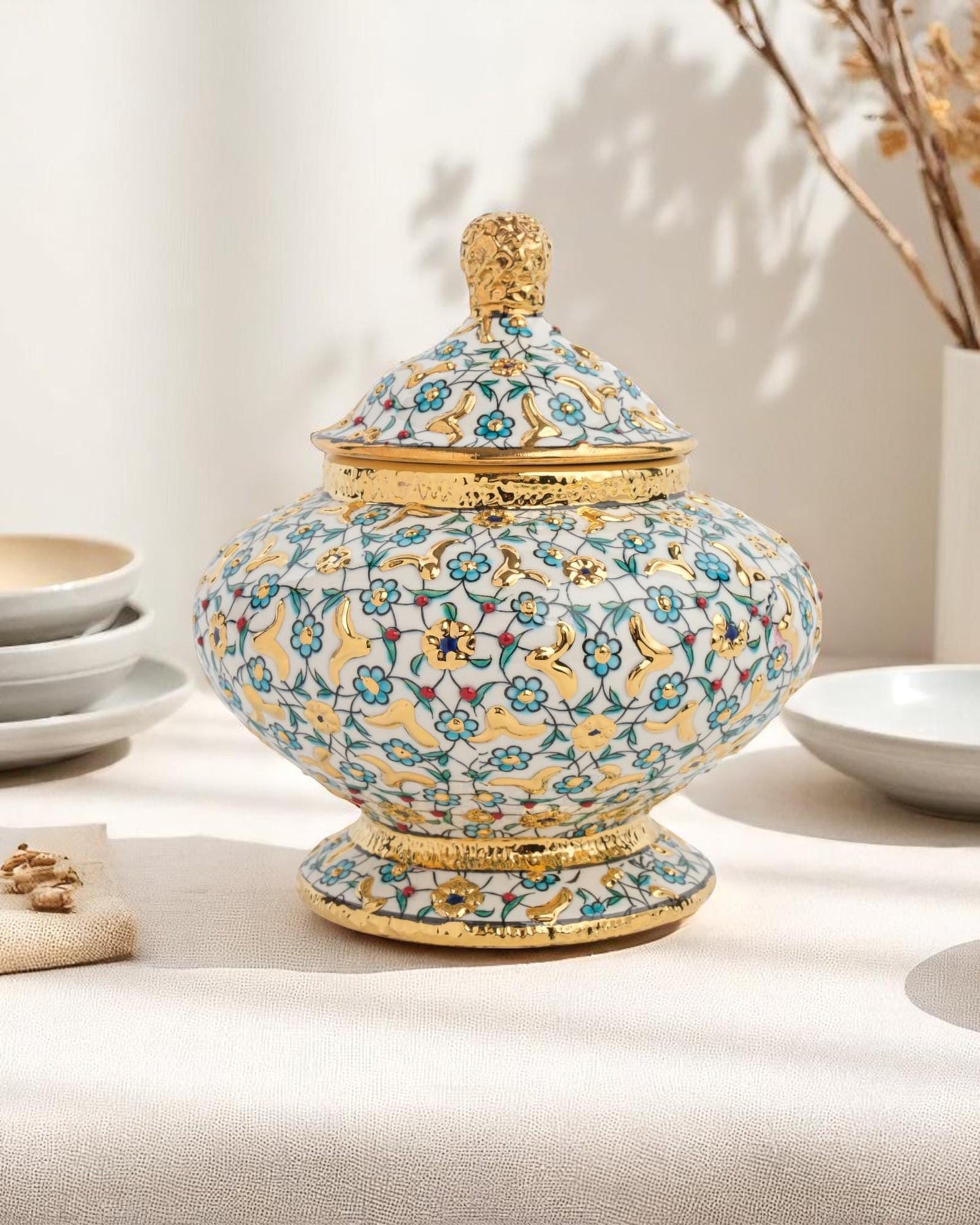 Gold Accent Turkish Ceramic Jar with Lid, 15x10 cm Handmade Decorative Pot, Floral Glazed Storage Bowl, Ottoman Home Gift