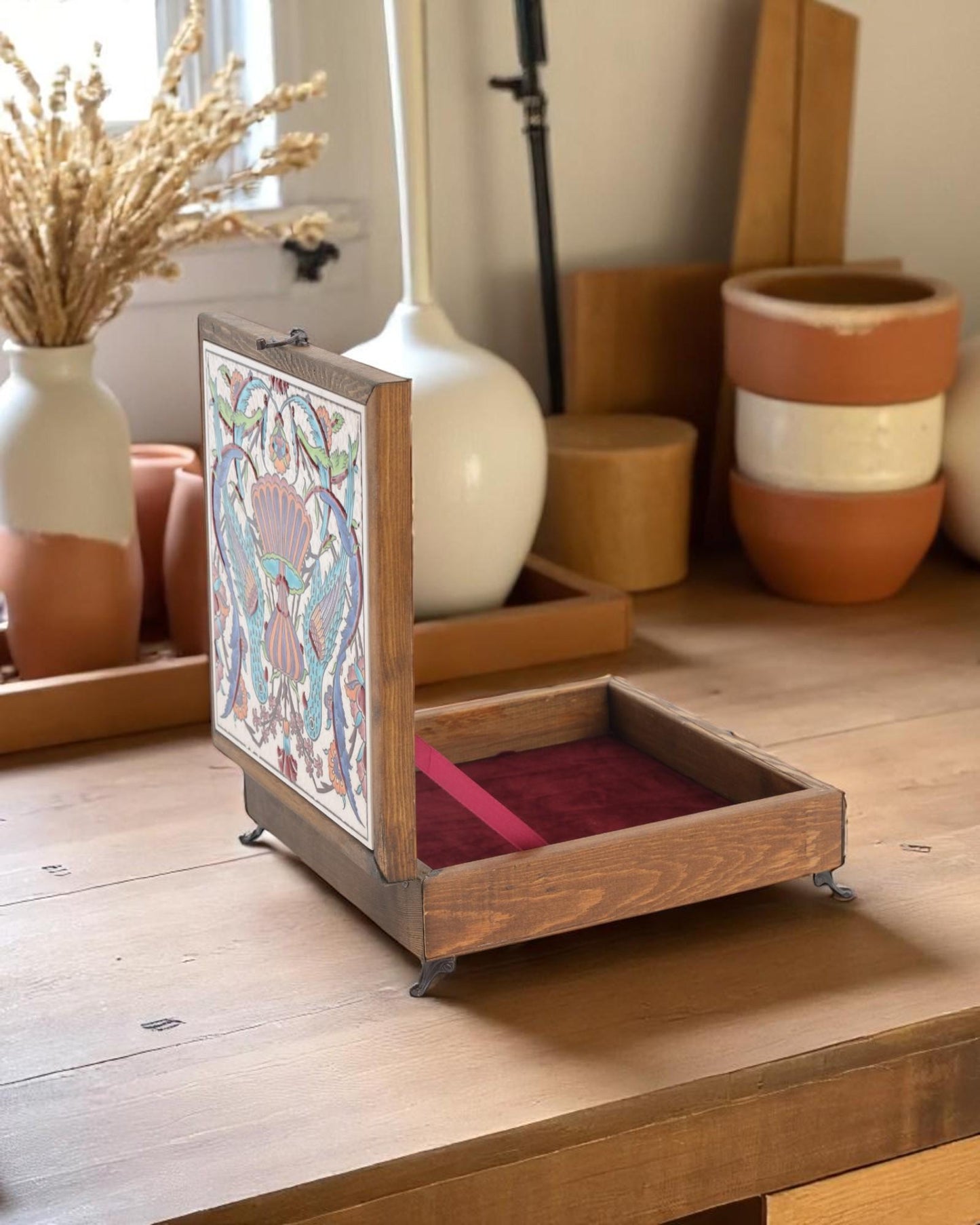 Turkish Ceramic Keepsake Box, Handmade Wooden Jewelry Chest, Bird Pattern Tile Lid, Nature Inspired Decor Gift,20x20 cm