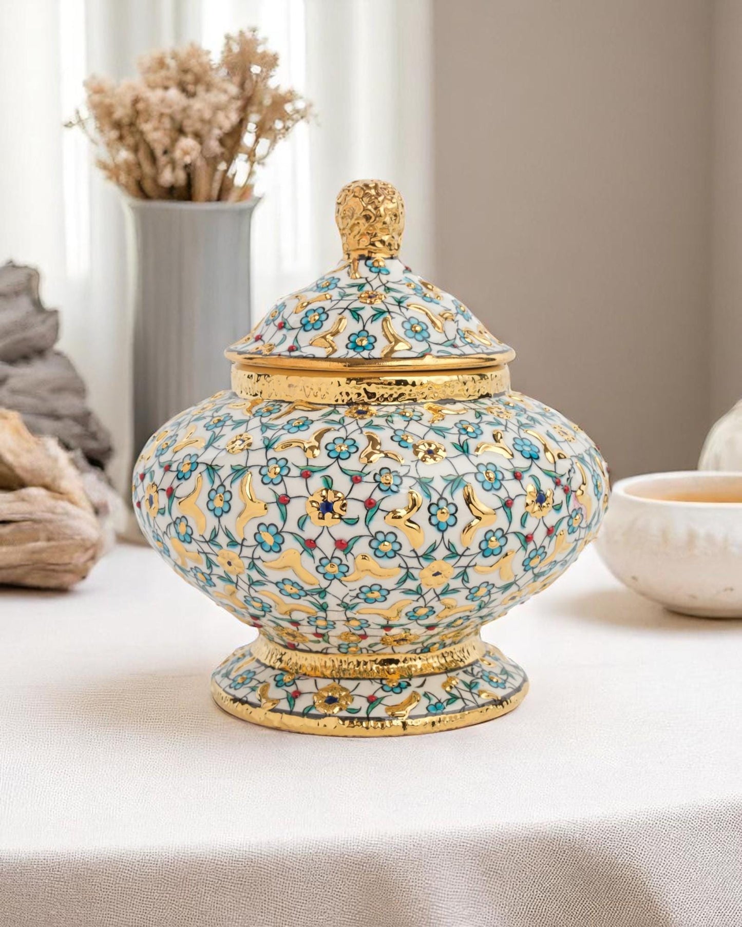 Gold Accent Turkish Ceramic Jar with Lid, 15x10 cm Handmade Decorative Pot, Floral Glazed Storage Bowl, Ottoman Home Gift