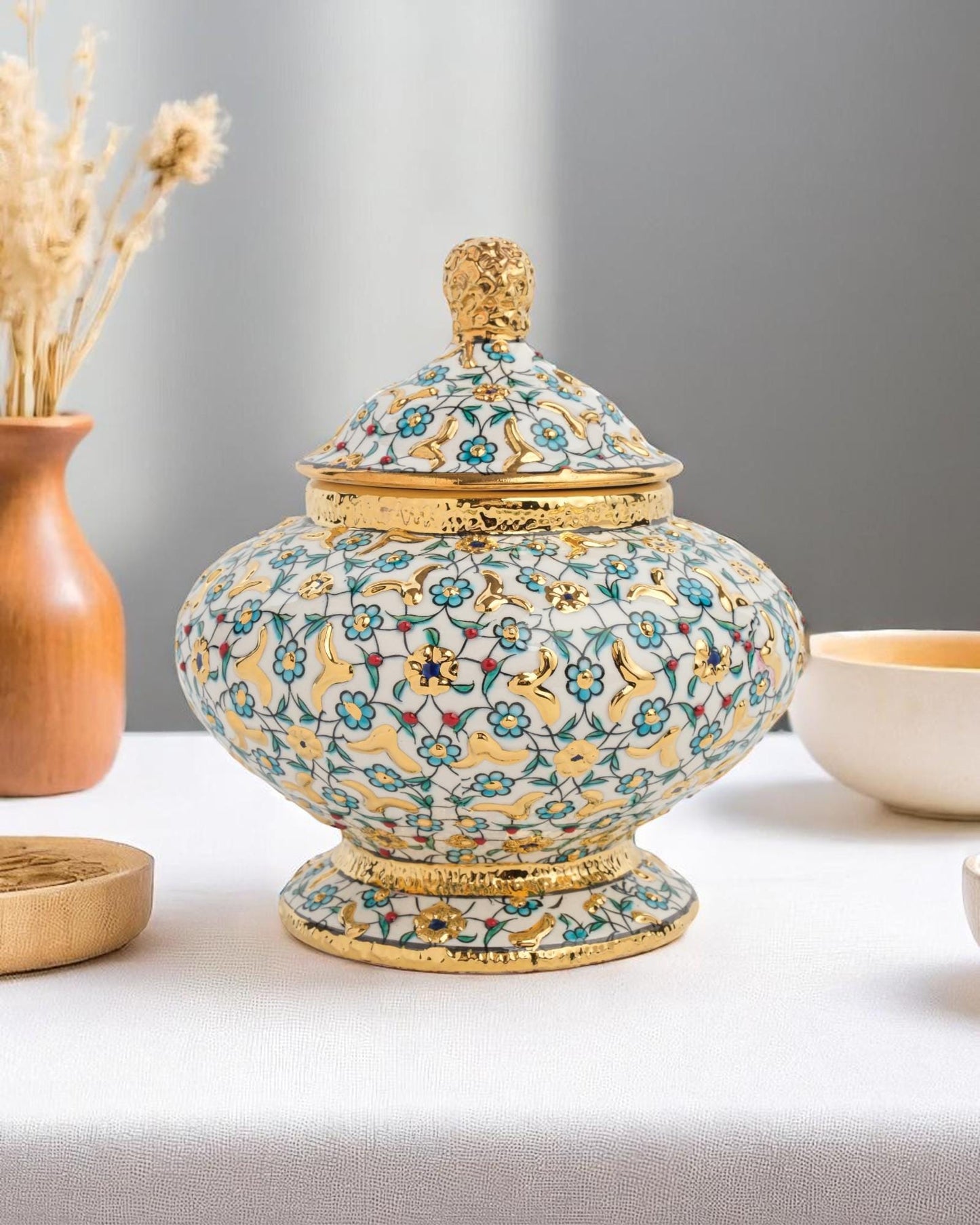 Gold Accent Turkish Ceramic Jar with Lid, 15x10 cm Handmade Decorative Pot, Floral Glazed Storage Bowl, Ottoman Home Gift