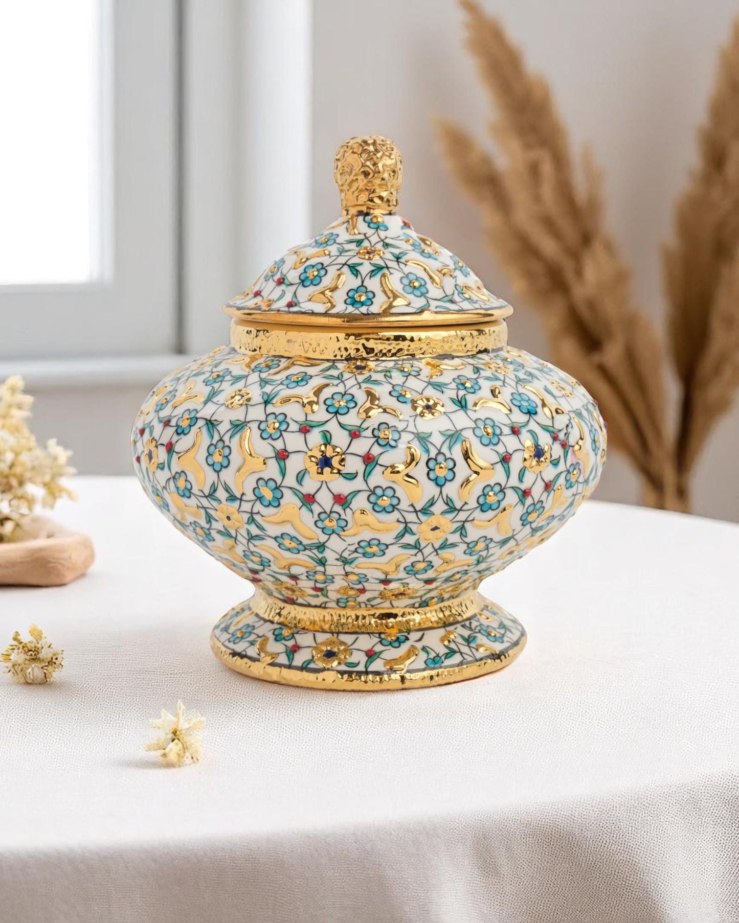 Gold Accent Turkish Ceramic Jar with Lid, 15x10 cm Handmade Decorative Pot, Floral Glazed Storage Bowl, Ottoman Home Gift