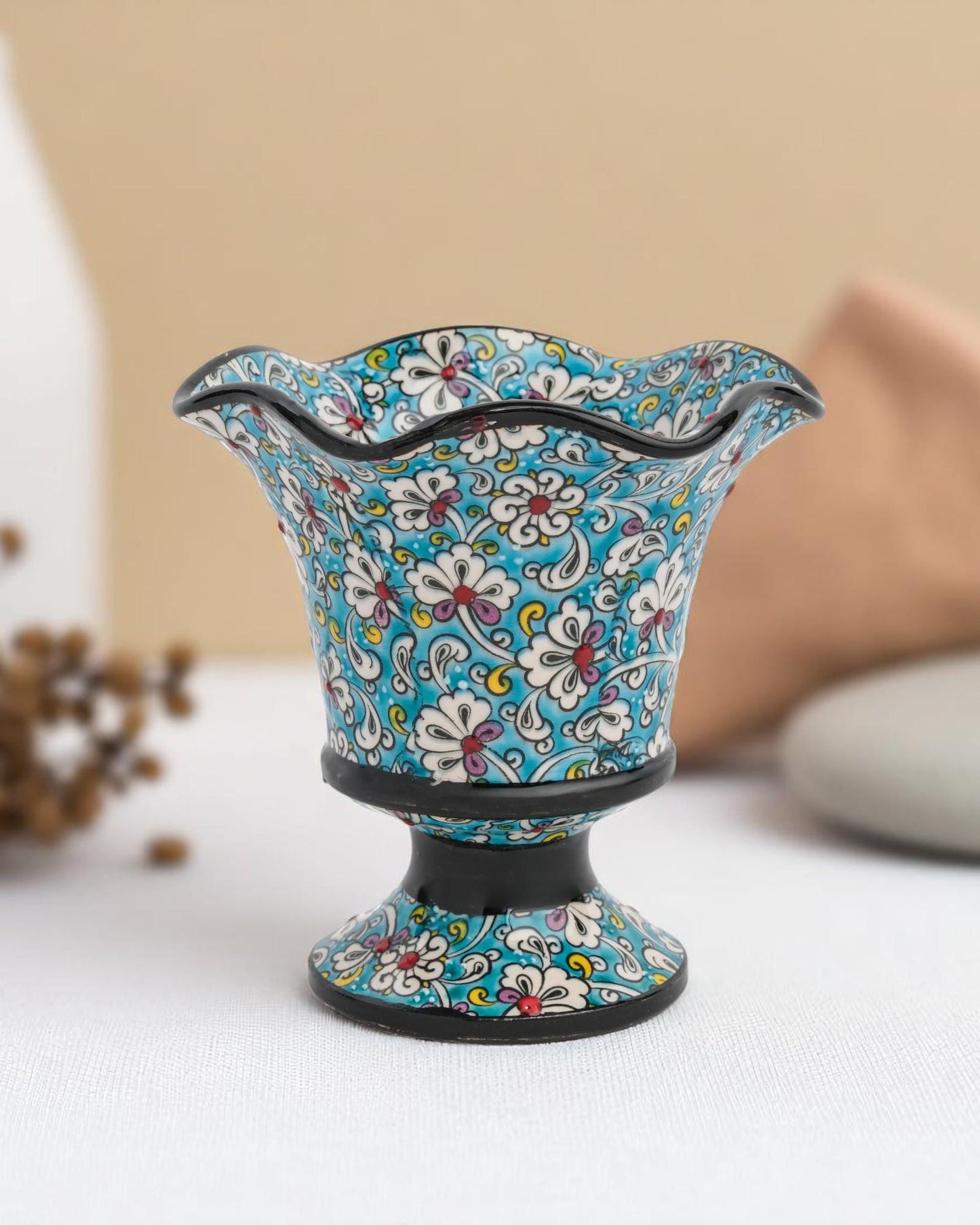 Hand Painted Turkish Pedestal Vase: Blue Floral Ottoman Decor