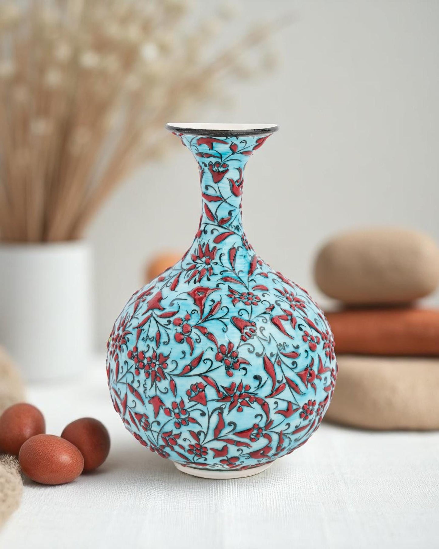 Hand-Painted Turkish Ceramic Vase: Red Floral Ottoman Decor