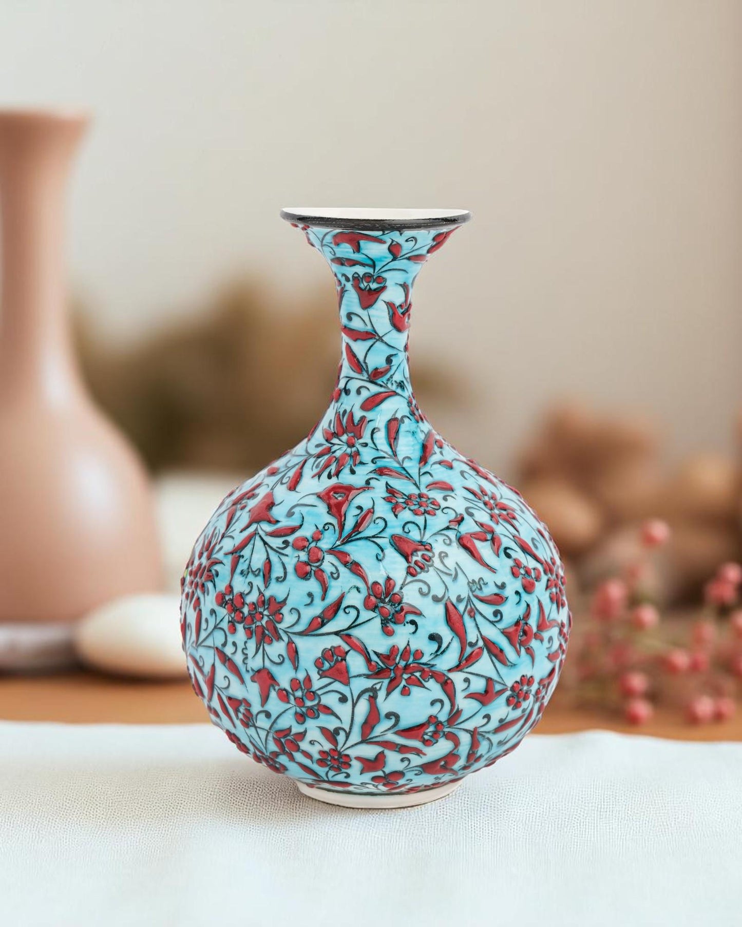 Hand-Painted Turkish Ceramic Vase: Red Floral Ottoman Decor