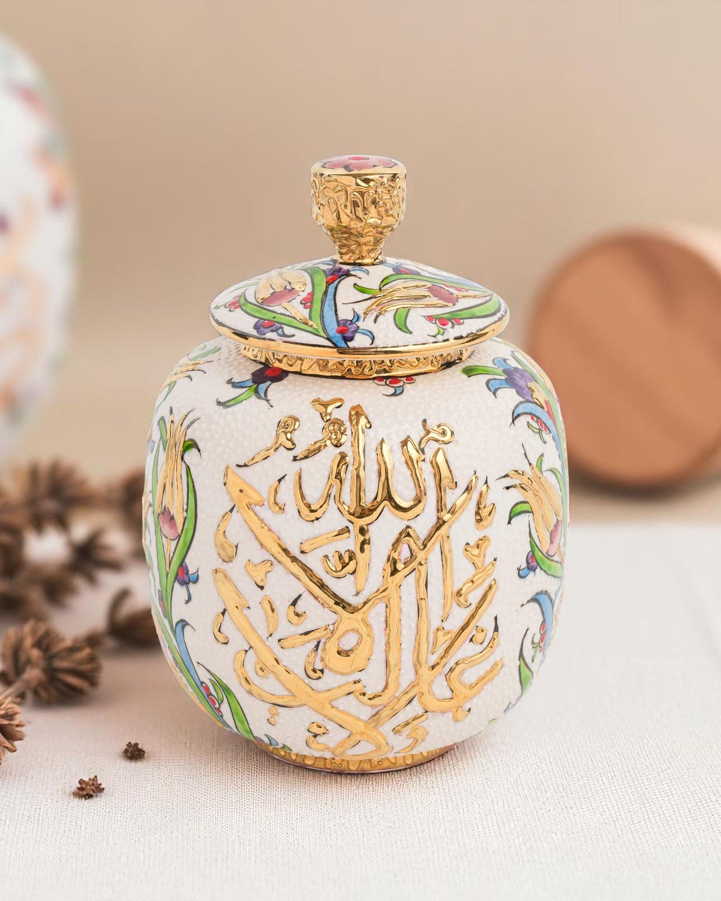 Hand Painted Turkish Ceramic Jar: 24K Gold Ottoman Calligraphy Lidded Pot