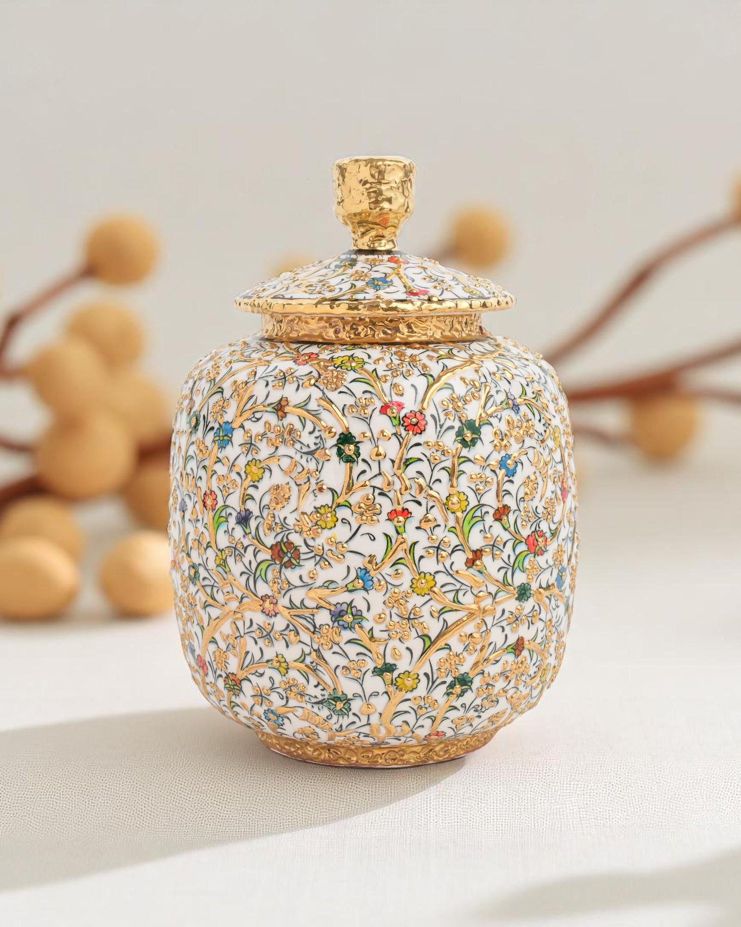 Hand Painted Turkish Ceramic Jar with 24K Gold: Ottoman Floral Lidded Pot