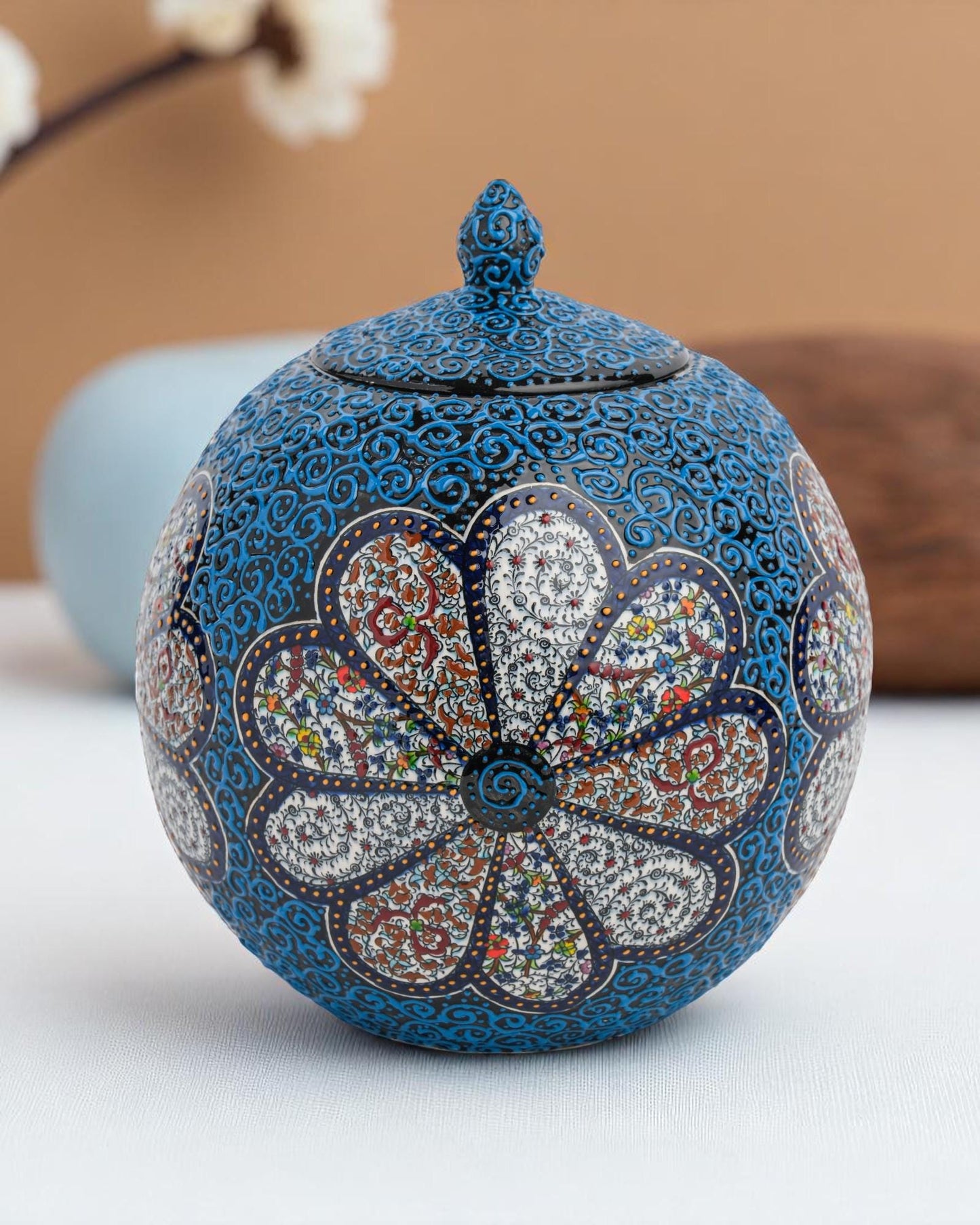 Handmade Ceramic Sphere: Blue Floral Ottoman Pottery Art