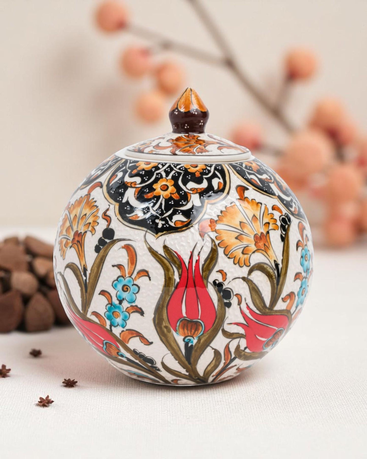 Handmade Ceramic Globe Jar: Ottoman Tulip Floral Pottery, Home Decor