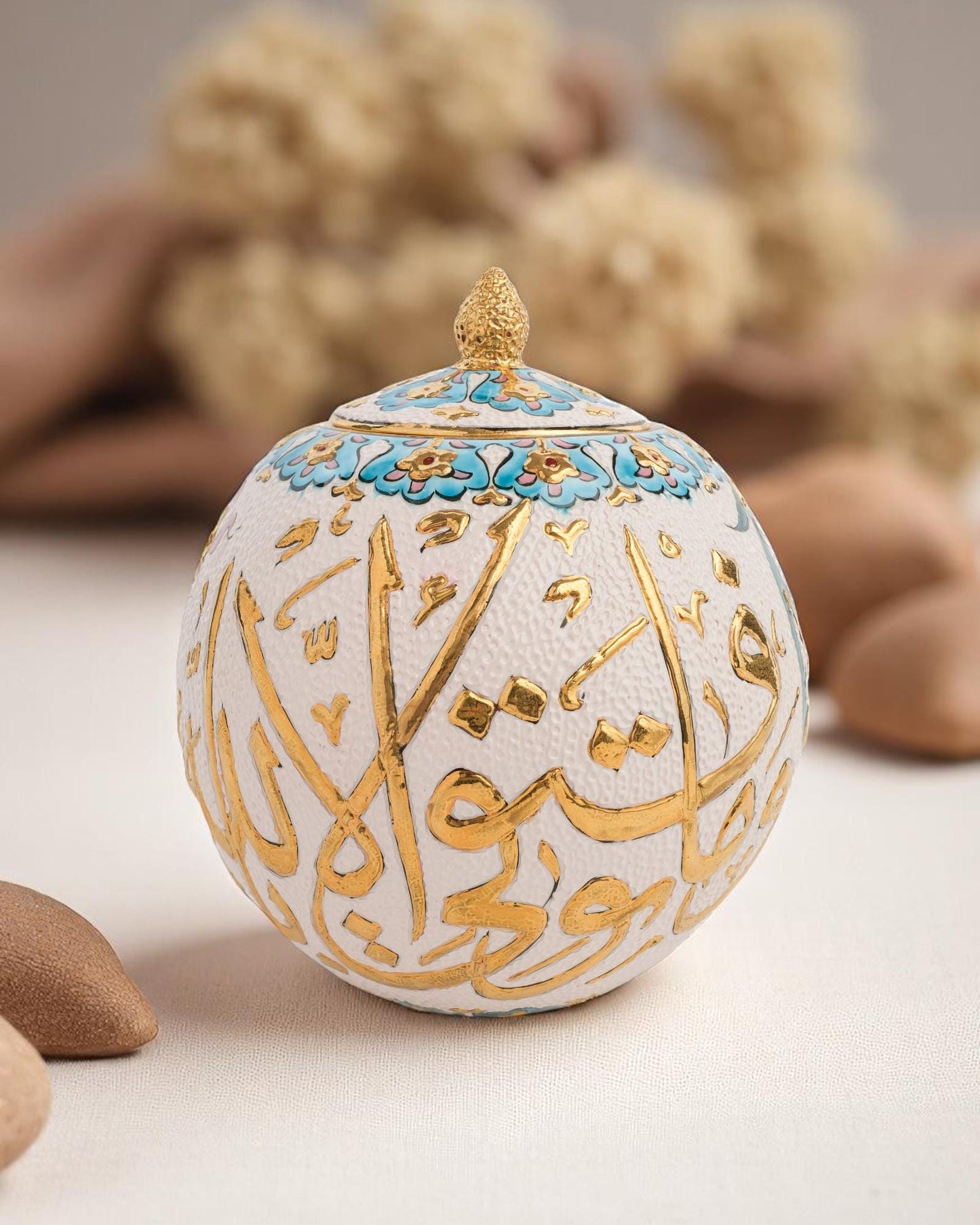 24K Gold Arabic Calligraphy Ceramic Globe: Islamic Art Decor