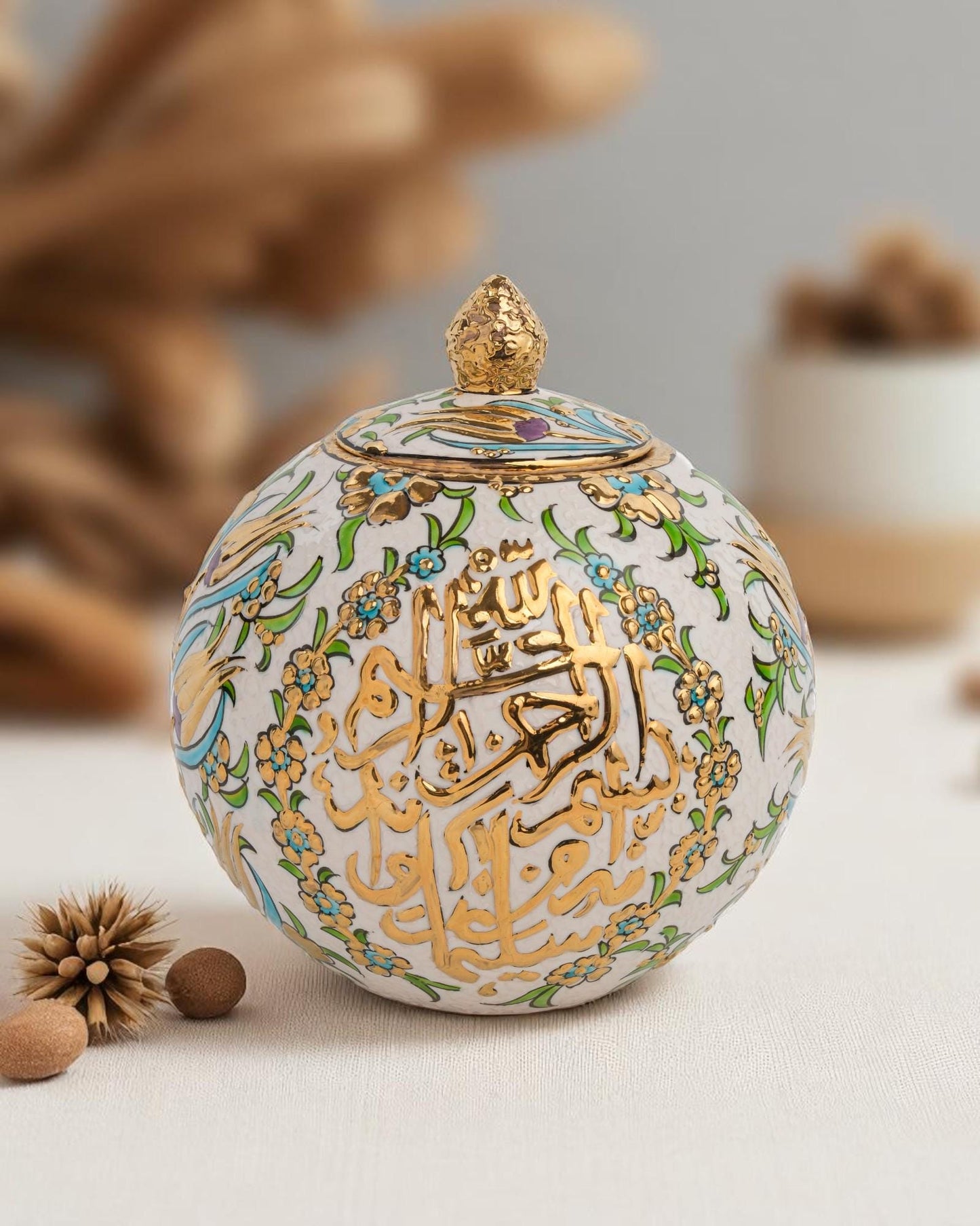 24K Gold Islamic Calligraphy Ceramic Globe: Ottoman Floral Pottery