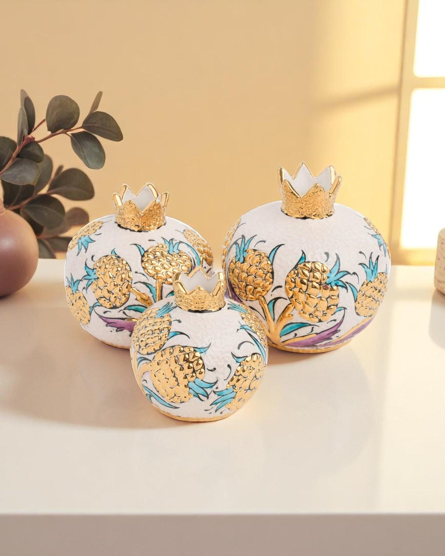 24K Gold Ceramic Pomegranate Set: Turkish Pottery Home Decor