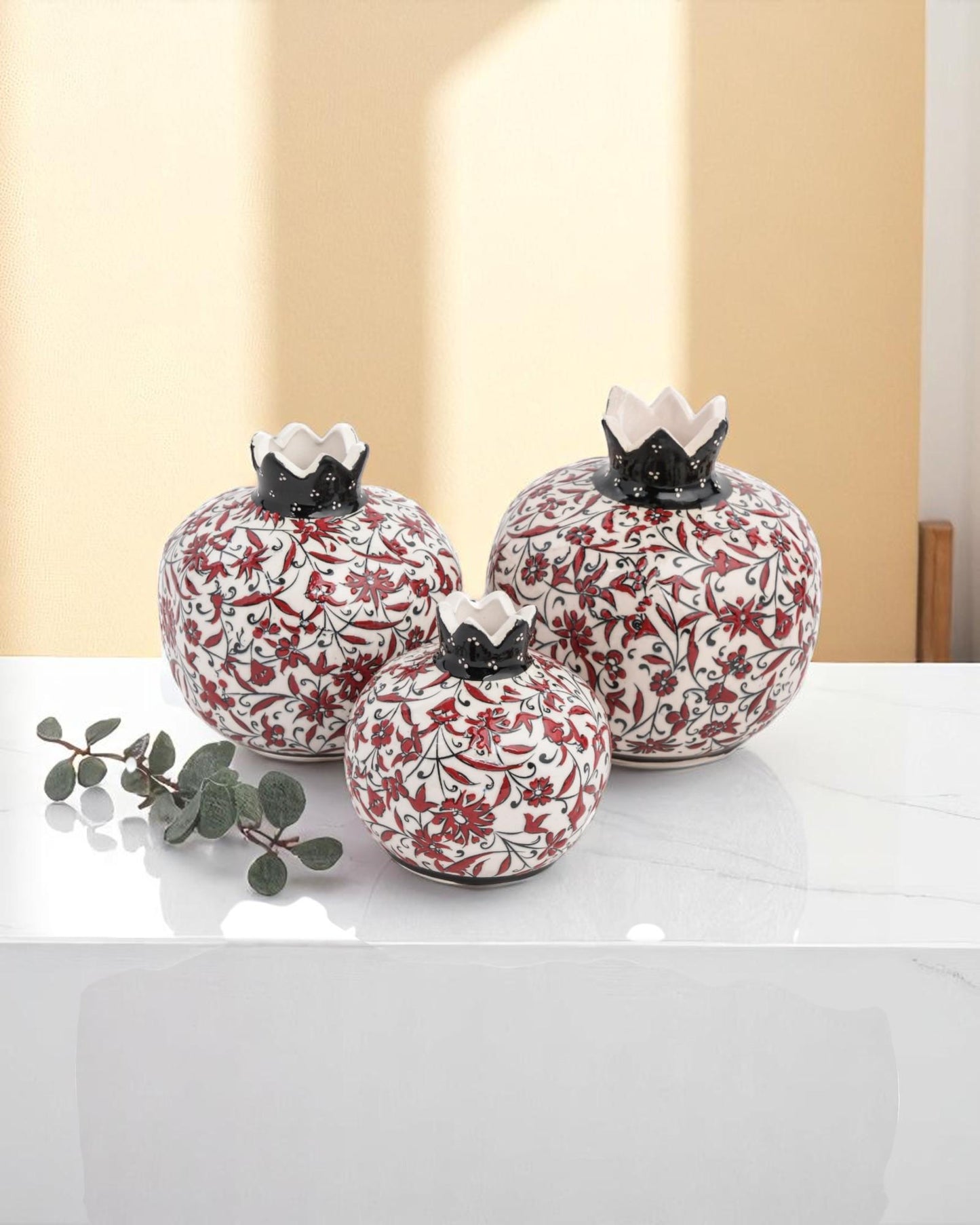 Handmade Ceramic Pomegranate Set: Turkish Iznik Style Floral Decor