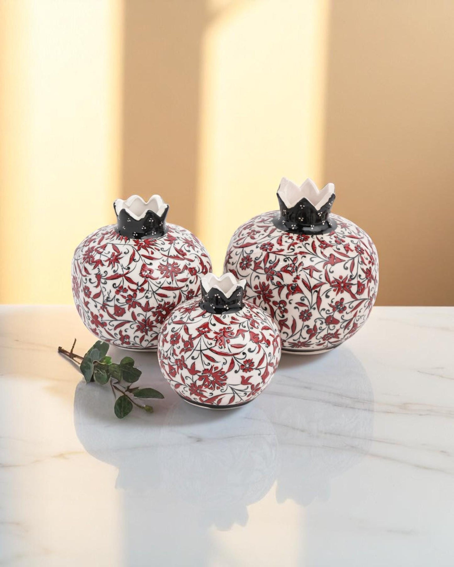 Handmade Ceramic Pomegranate Set: Turkish Iznik Style Floral Decor