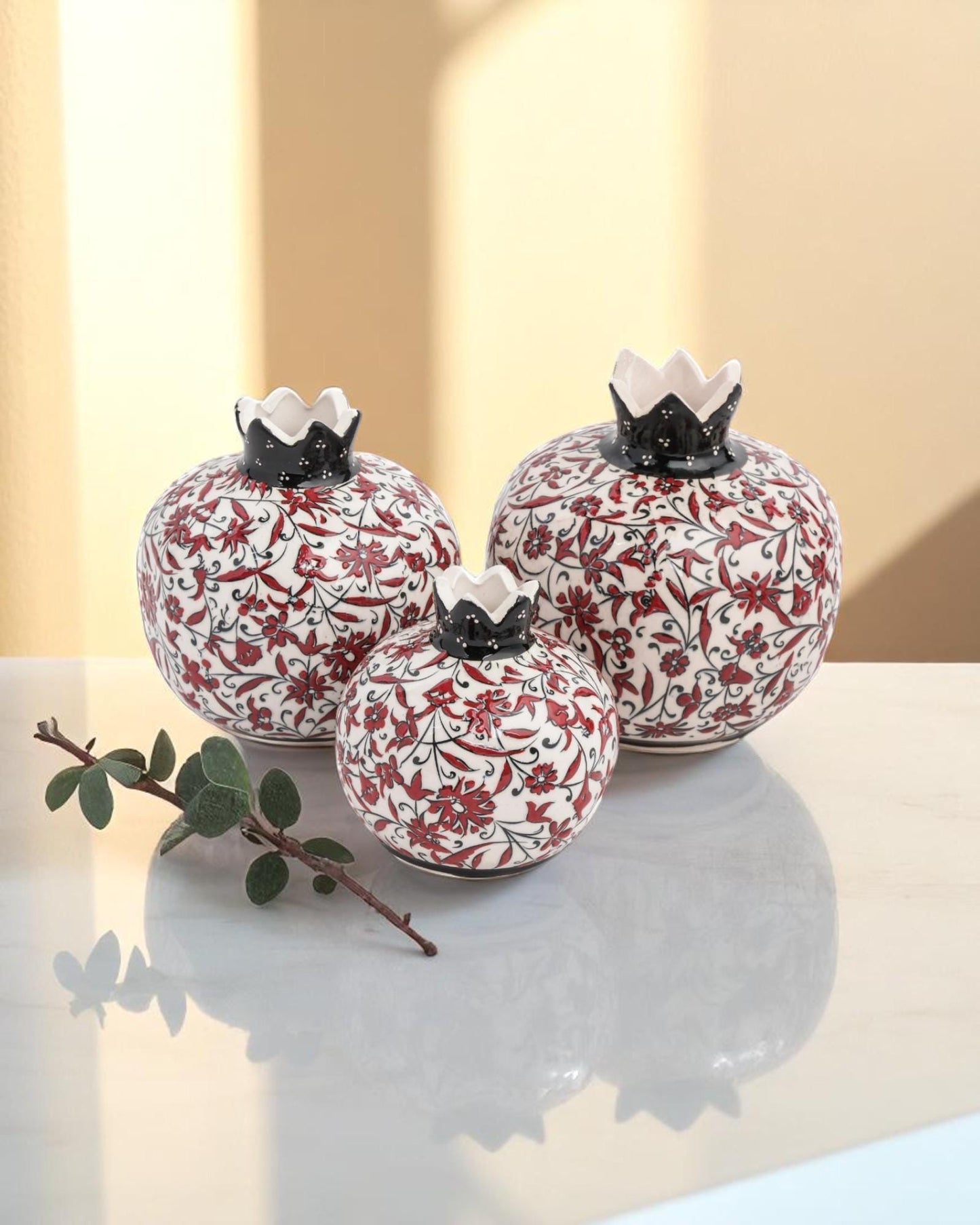 Handmade Ceramic Pomegranate Set: Turkish Iznik Style Floral Decor