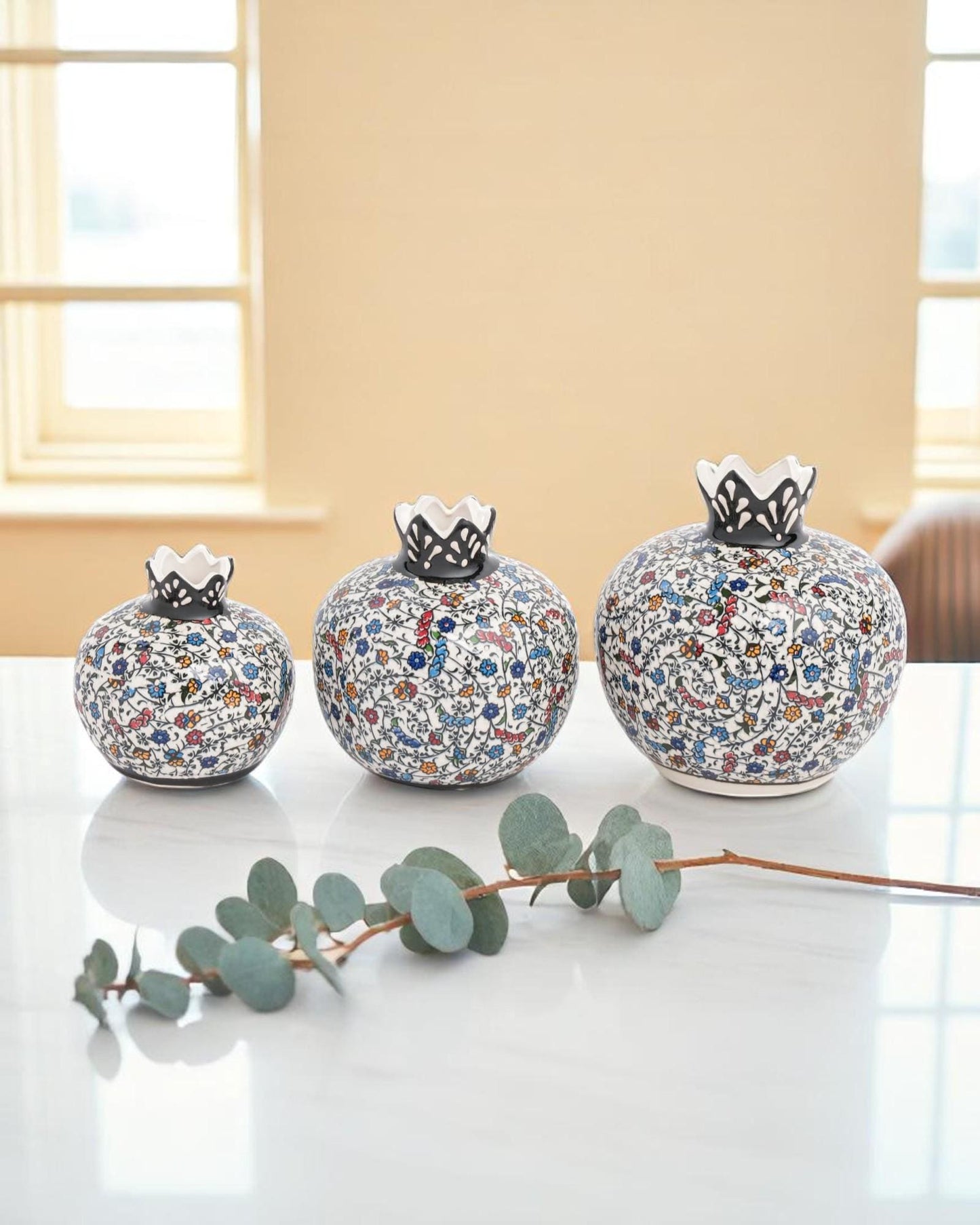 Handmade Ceramic Pomegranate Set of 3: Turkish Iznik Floral Decor