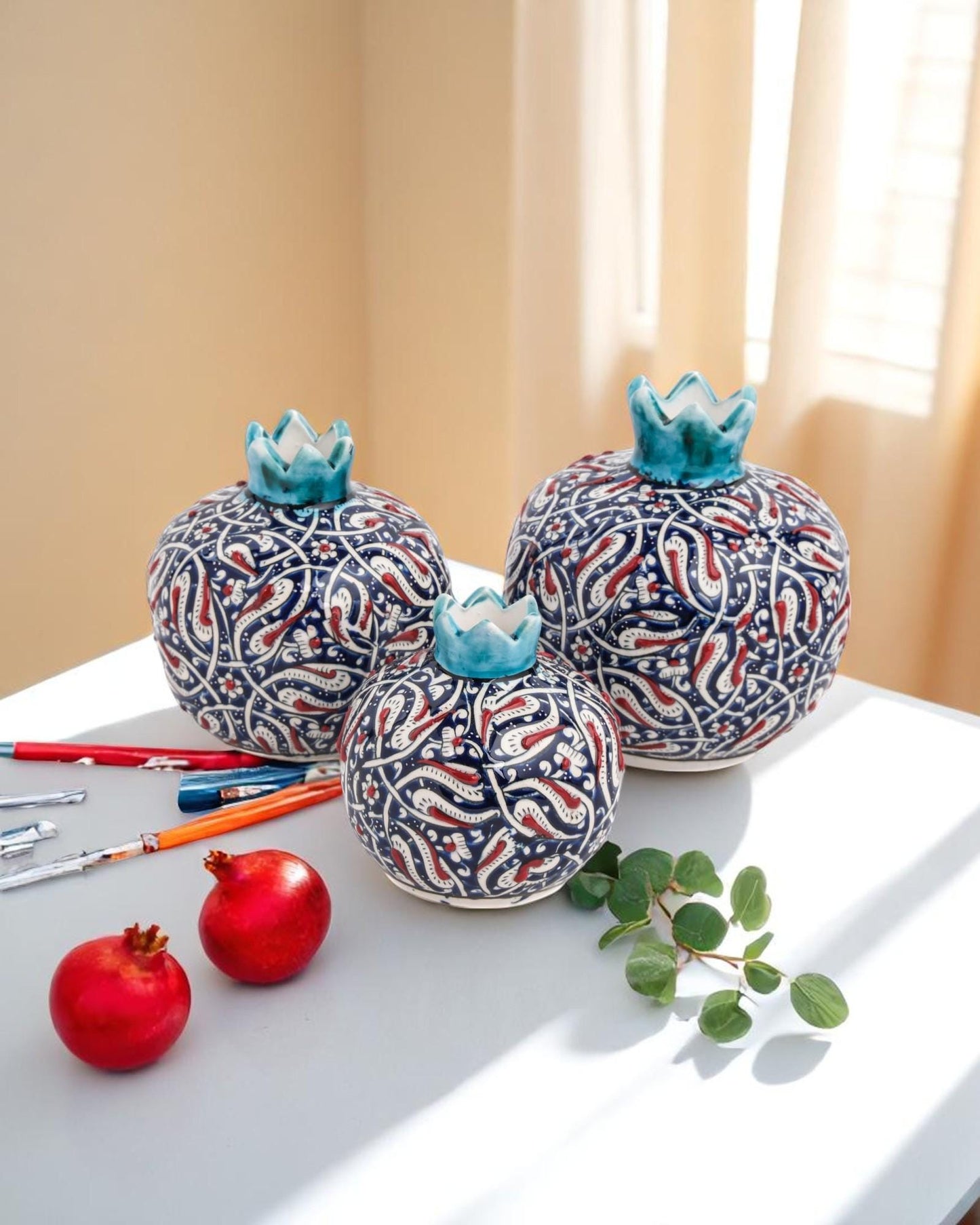 Handmade Ceramic Pomegranate Set: Turkish Iznik Tulip Design, Blue & Red Home Decor