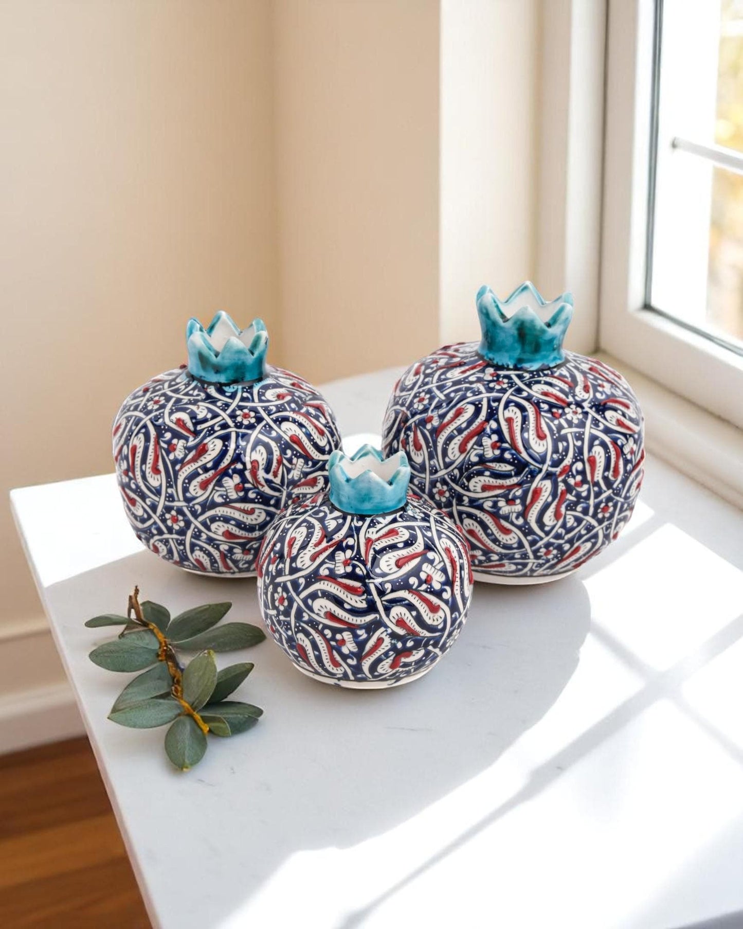 Handmade Ceramic Pomegranate Set: Turkish Iznik Tulip Design, Blue & Red Home Decor