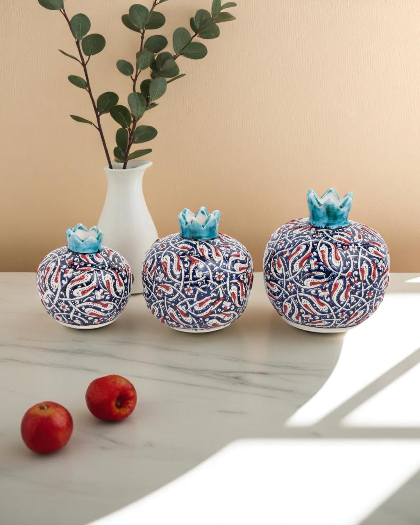 Handmade Ceramic Pomegranate Set: Turkish Iznik Tulip Design, Blue & Red Home Decor