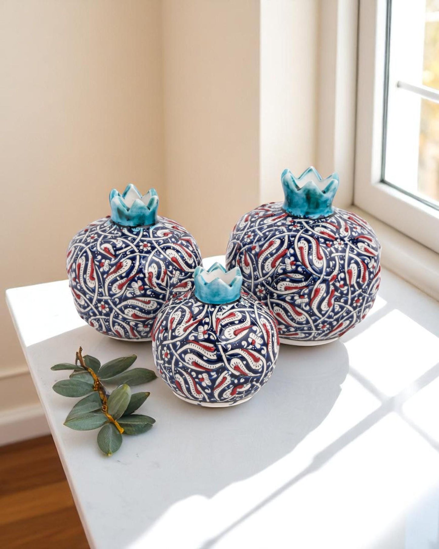 Handmade Ceramic Pomegranate Set: Turkish Iznik Tulip Design, Blue & Red Home Decor