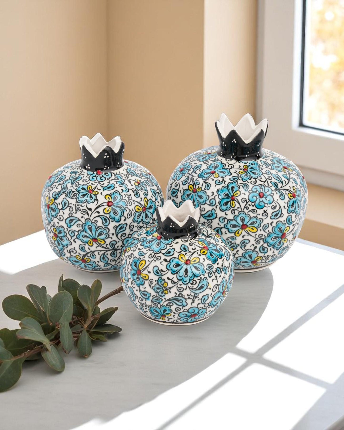 Ceramic Pomegranate Set of 3: Turkish Iznik Floral Decor