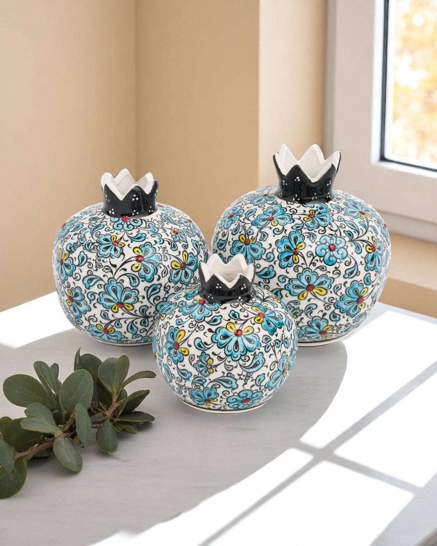 Ceramic Pomegranate Set of 3: Turkish Iznik Floral Decor