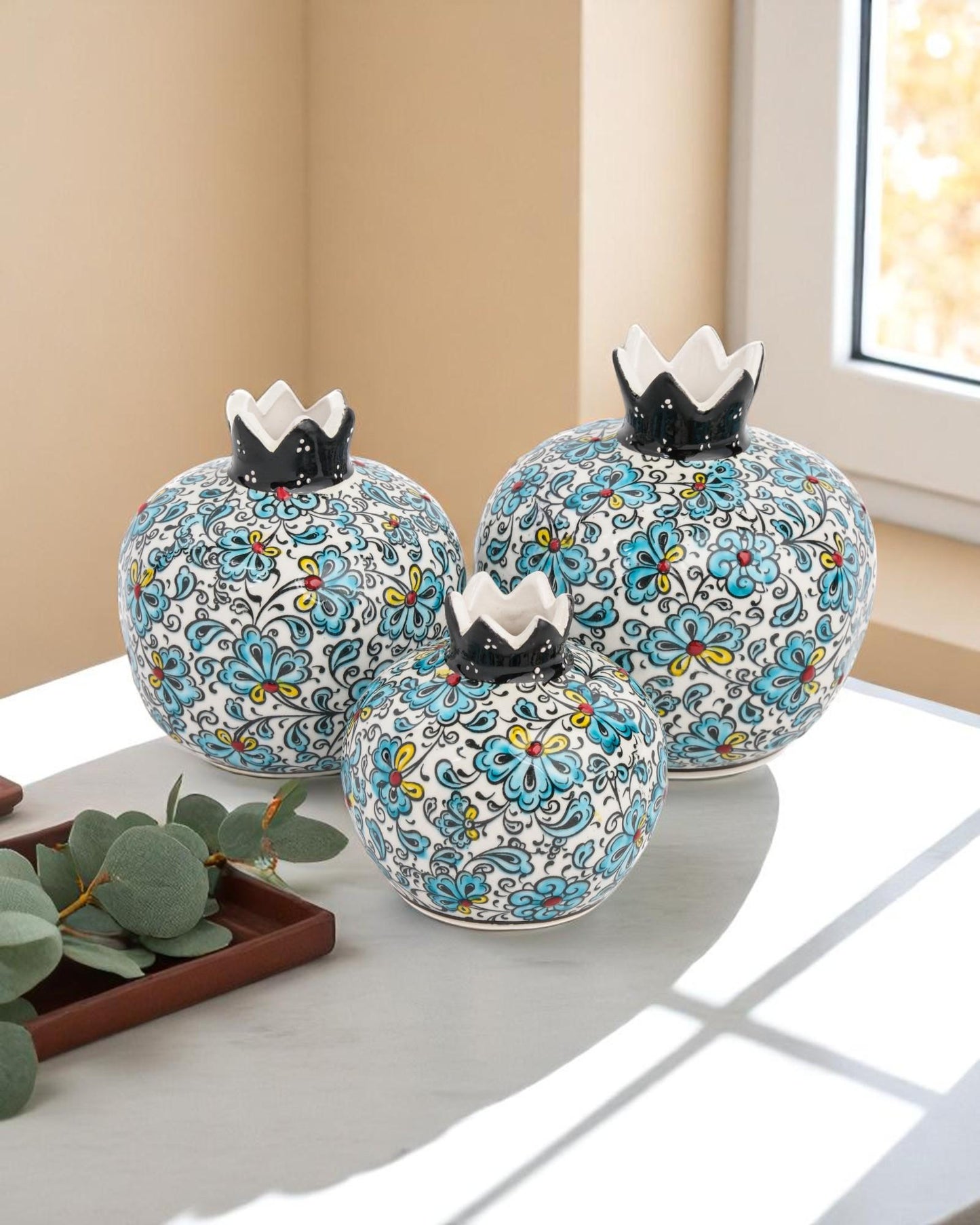 Ceramic Pomegranate Set of 3: Turkish Iznik Floral Decor