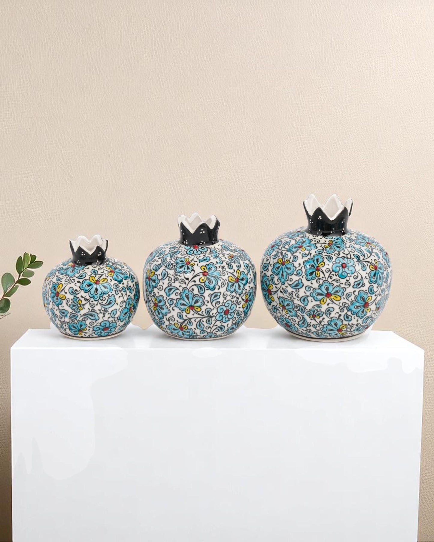 Ceramic Pomegranate Set of 3: Turkish Iznik Floral Decor