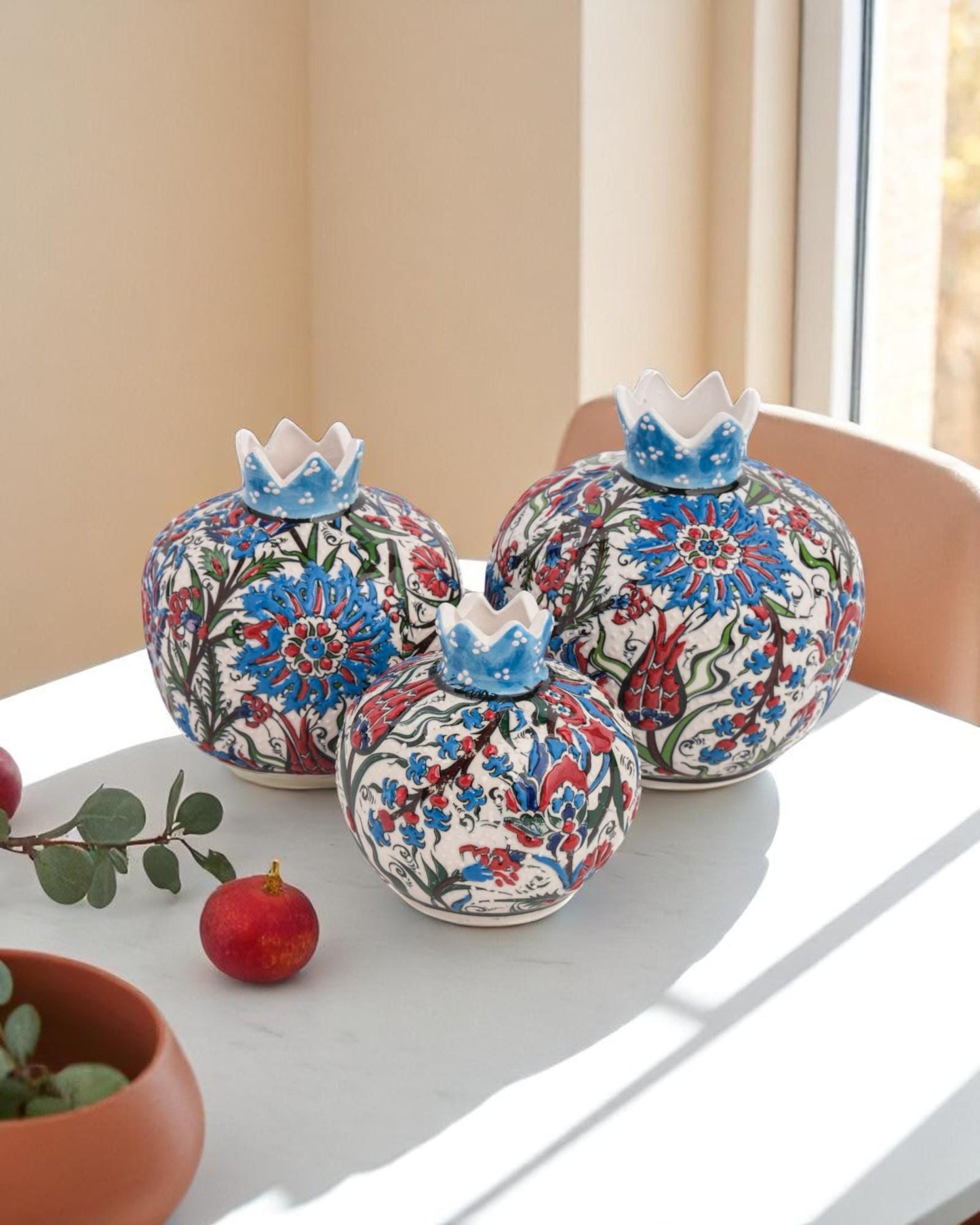 Ceramic Pomegranate Set of 3: Turkish Iznik Pottery Home Decor