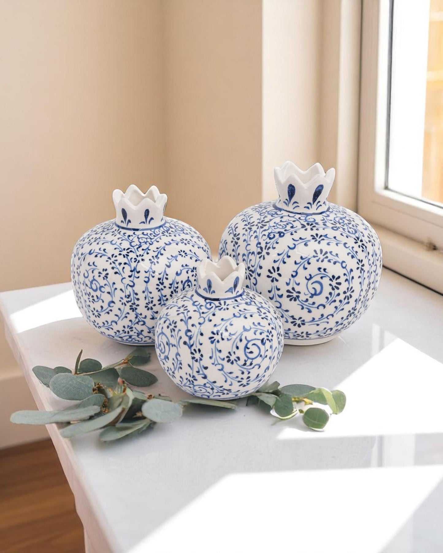 Ceramic Pomegranate Set of 3: White & Blue Iznik Style Pottery