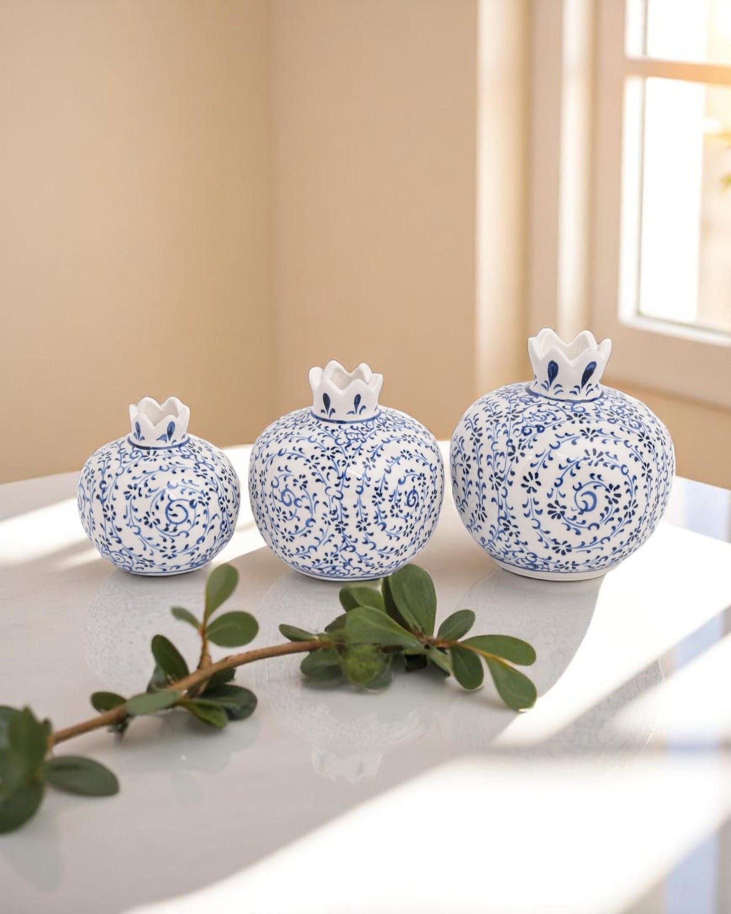 Ceramic Pomegranate Set of 3: White & Blue Iznik Style Pottery