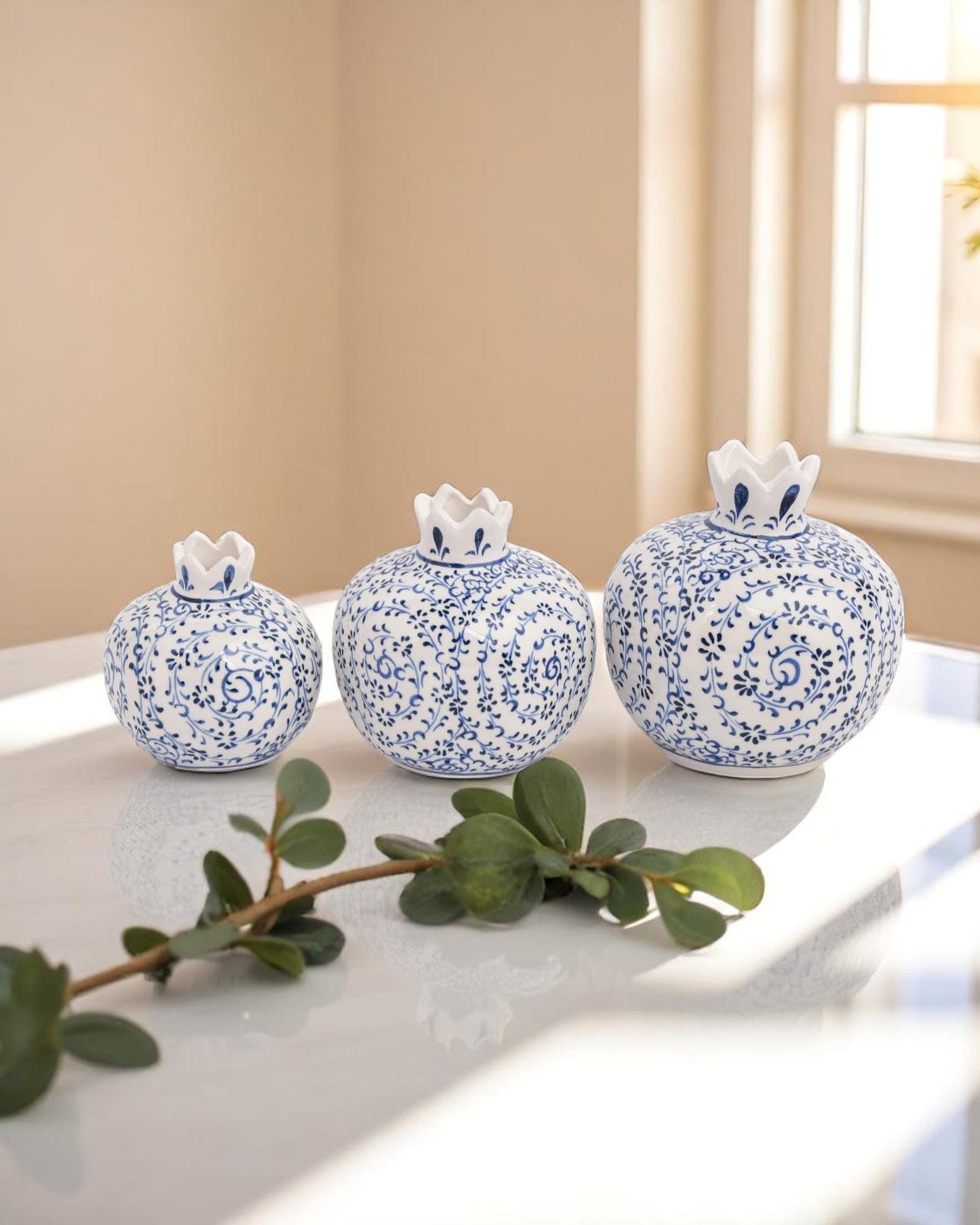 Ceramic Pomegranate Set of 3: White & Blue Iznik Style Pottery