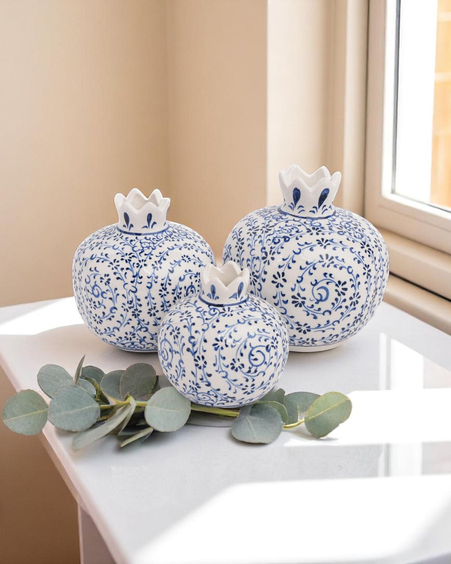 Ceramic Pomegranate Set of 3: White & Blue Iznik Style Pottery