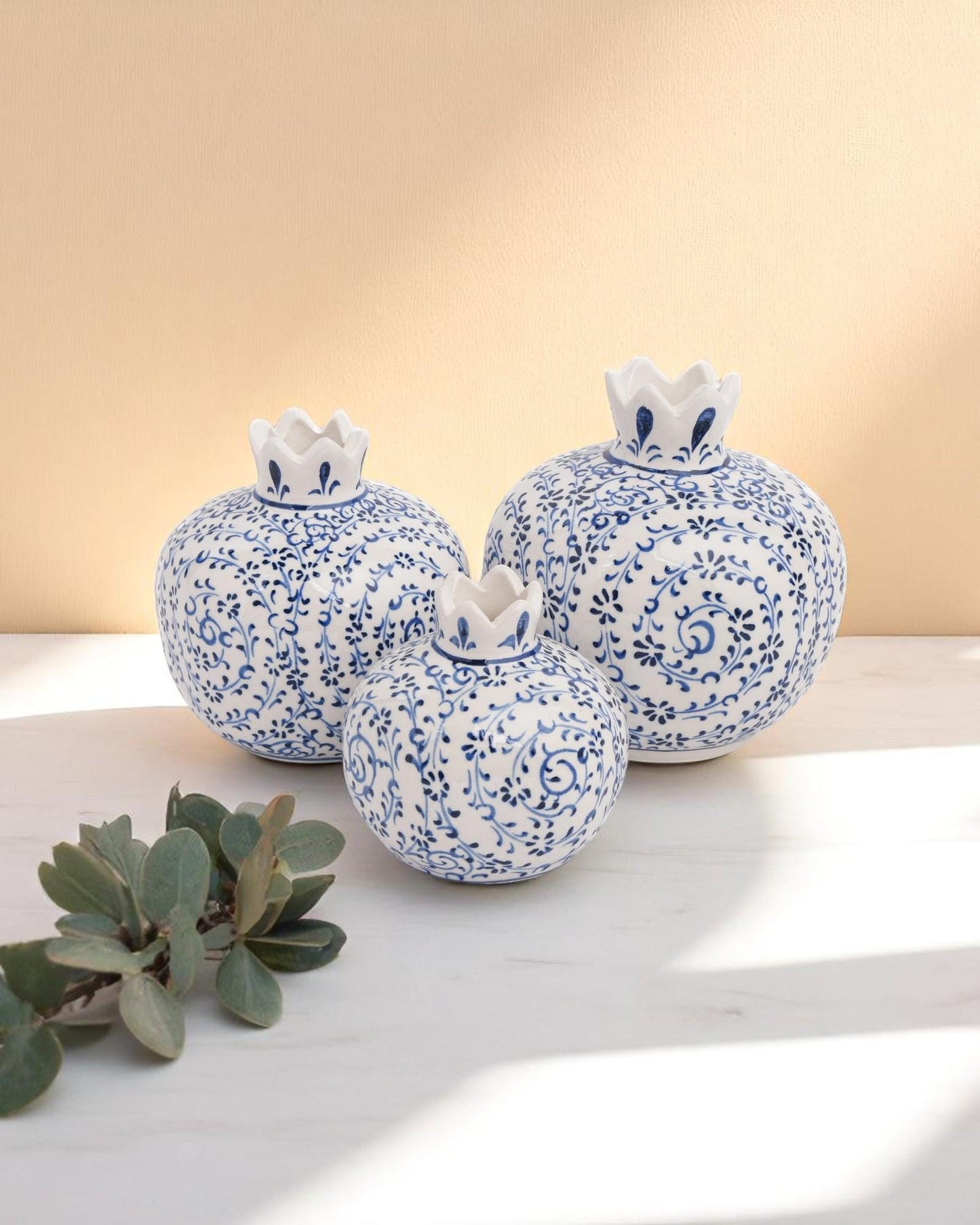 Ceramic Pomegranate Set of 3: White & Blue Iznik Style Pottery