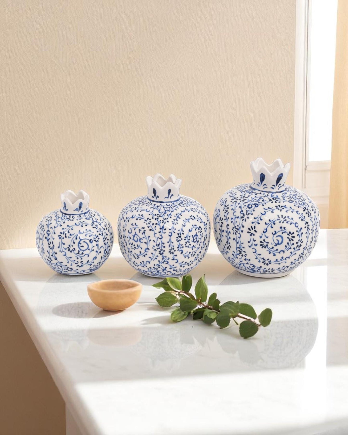Ceramic Pomegranate Set of 3: White & Blue Iznik Style Pottery