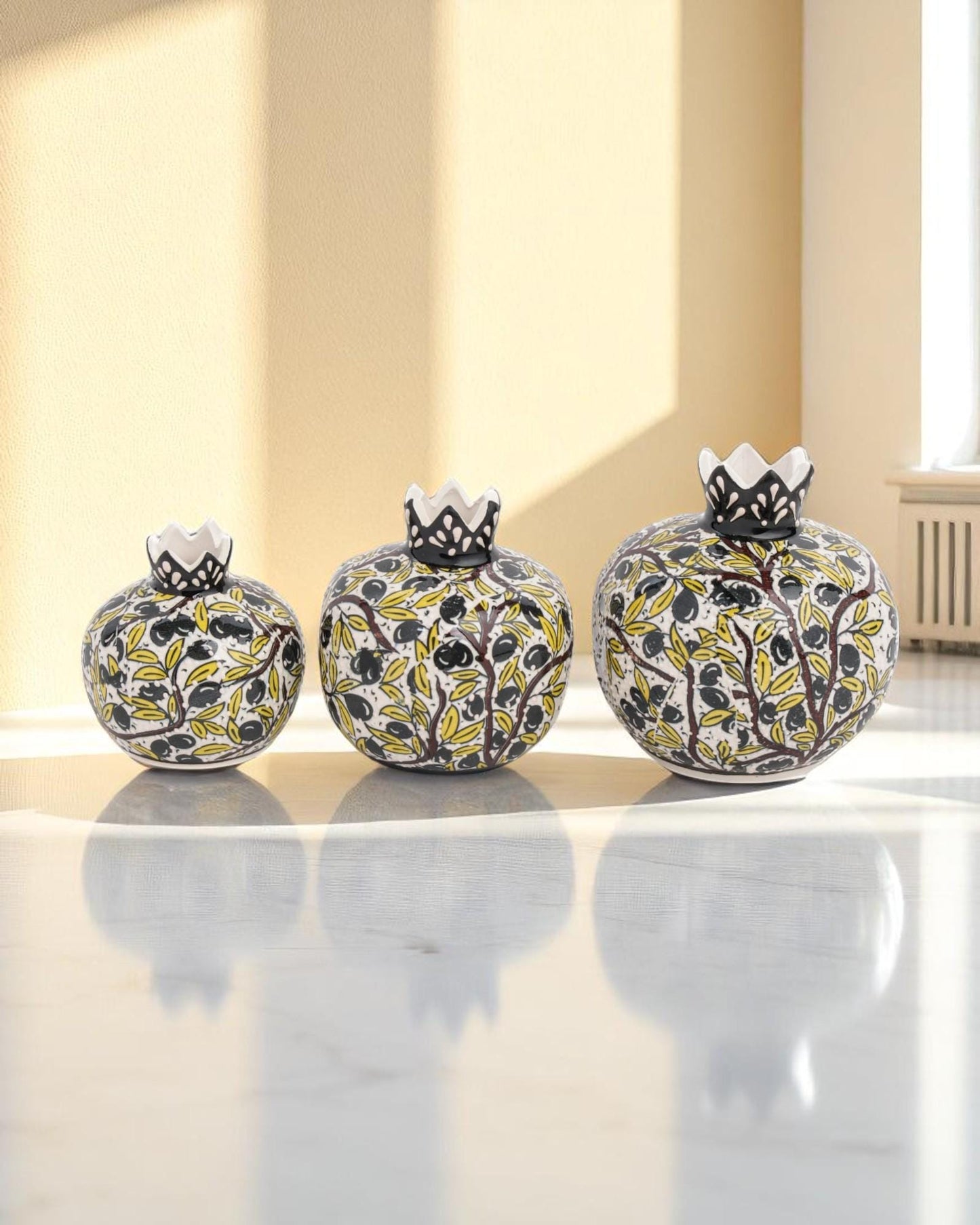 Handmade Ceramic Pomegranate Set of 3: Turkish Iznik Olive Branch Design