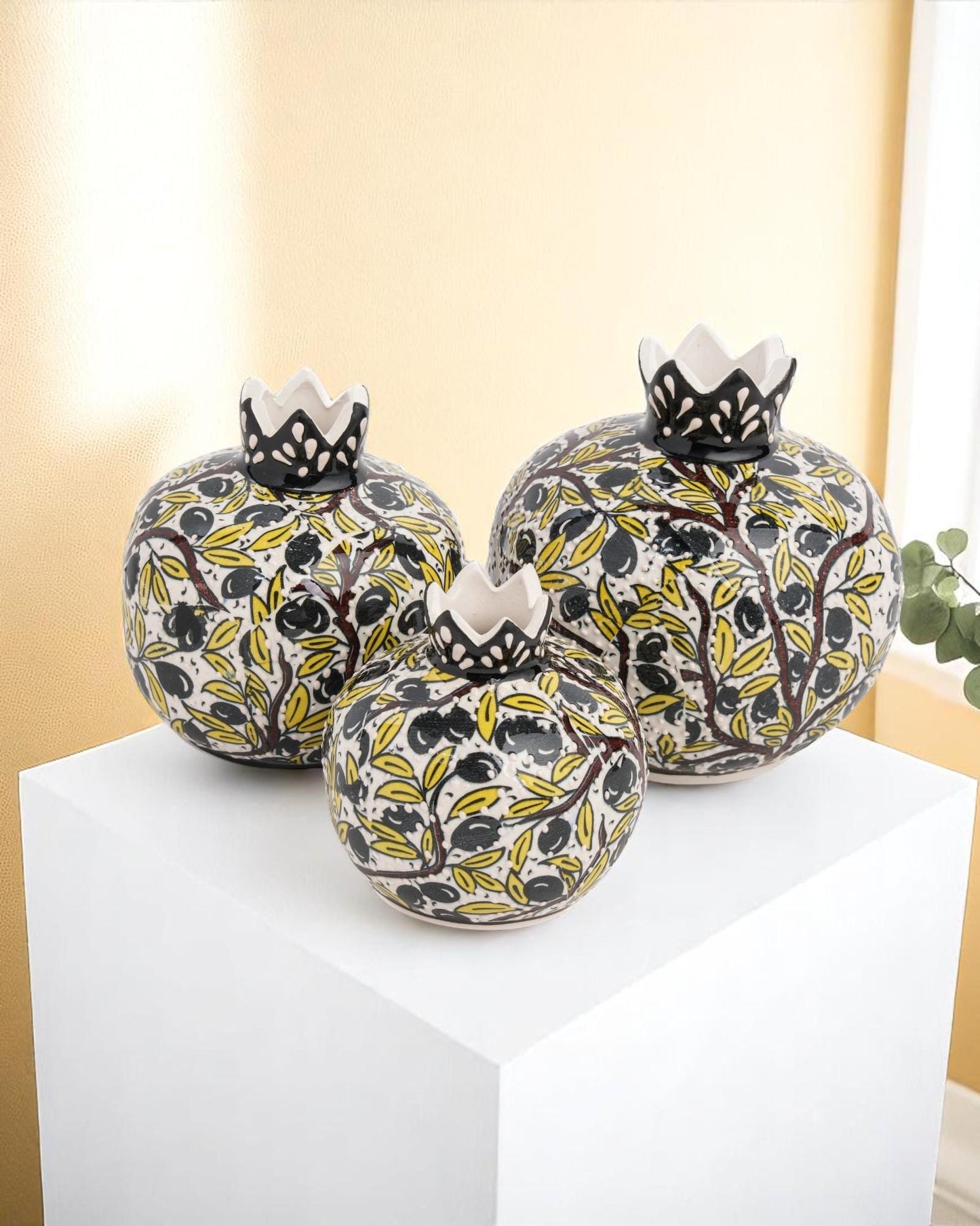 Handmade Ceramic Pomegranate Set of 3: Turkish Iznik Olive Branch Design