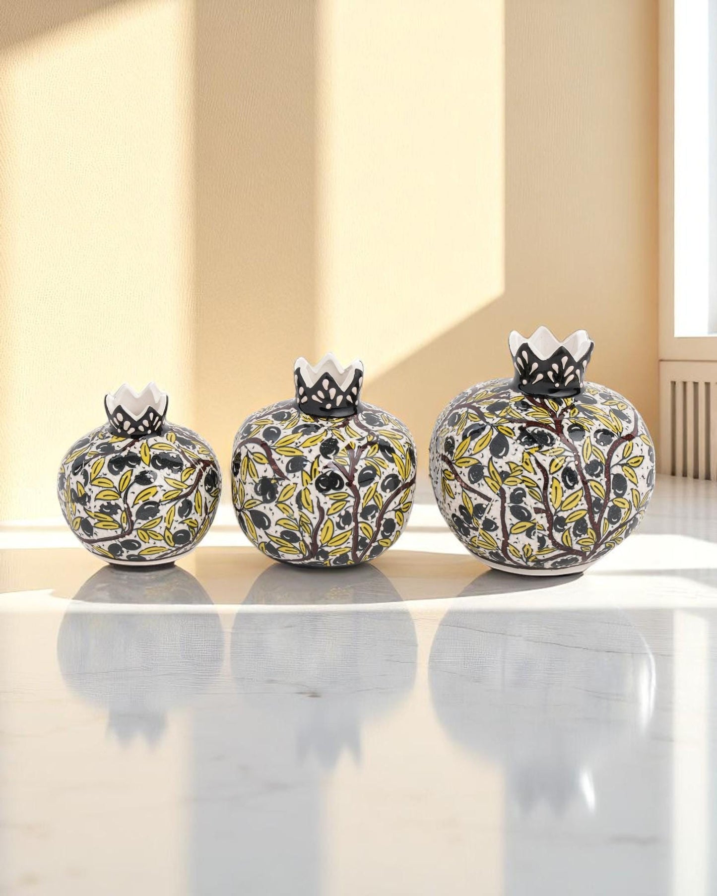 Handmade Ceramic Pomegranate Set of 3: Turkish Iznik Olive Branch Design
